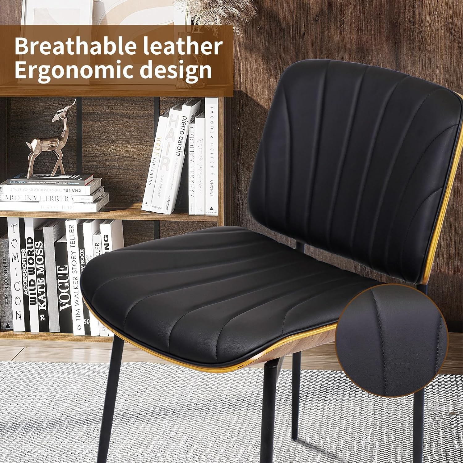 image:imageCLATINA Mid Century Modern Dining Chairs Upholstered PU Leather Chairs with Walnut Style Back and Metal Legs Armless Kitchen Chair Retro Accent Guest Chair for Kitchen Dining Room Black
