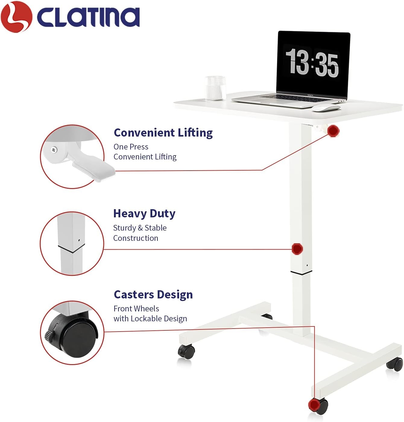 image:imageCLATINA Mobile Laptop Standing Desk Height Adjustable Teacher Podium with Lockable Wheels Adjustable Work Table with Drawer Computer Cart Overbed Table for Home Office Classroom BlackWhite