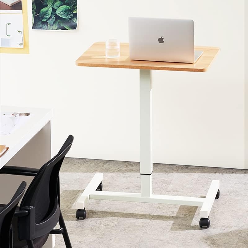 image:imageCLATINA Mobile Laptop Standing Desk Height Adjustable Teacher Podium with Lockable Wheels Adjustable Work Table with Drawer Computer Cart Overbed Table for Home Office Classroom BlackBeige
