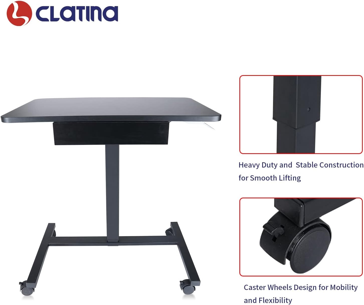 image:imageCLATINA Mobile Laptop Standing Desk Height Adjustable Teacher Podium with Lockable Wheels Adjustable Work Table with Drawer Computer Cart Overbed Table for Home Office Classroom BlackBlack
