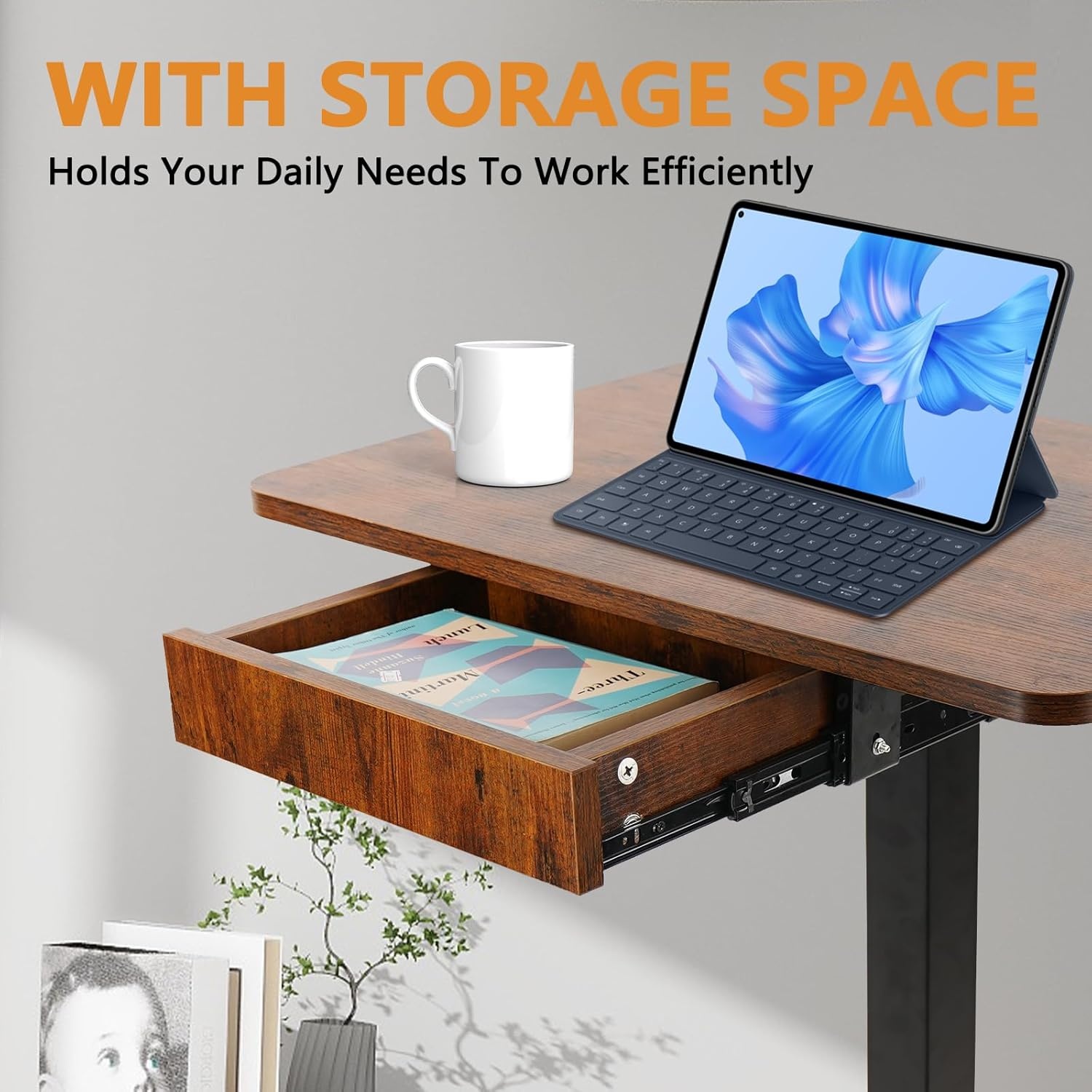 image:imageCLATINA Mobile Laptop Standing Desk Height Adjustable Teacher Podium with Lockable Wheels Adjustable Work Table with Drawer Computer Cart Overbed Table for Home Office Classroom BlackBrown