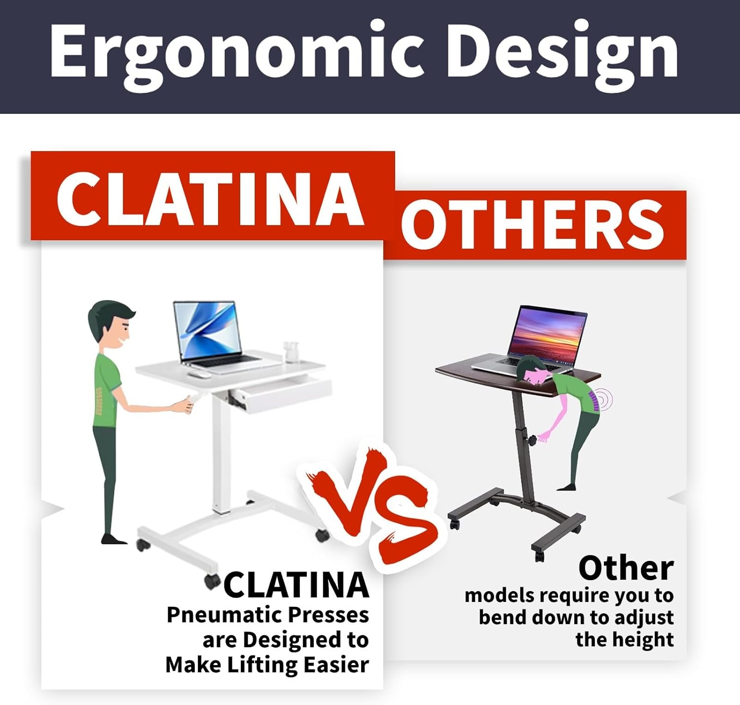 image:imageCLATINA Mobile Laptop Standing Desk Height Adjustable Teacher Podium with Lockable Wheels Adjustable Work Table with Drawer Computer Cart Overbed Table for Home Office Classroom BlackWhite