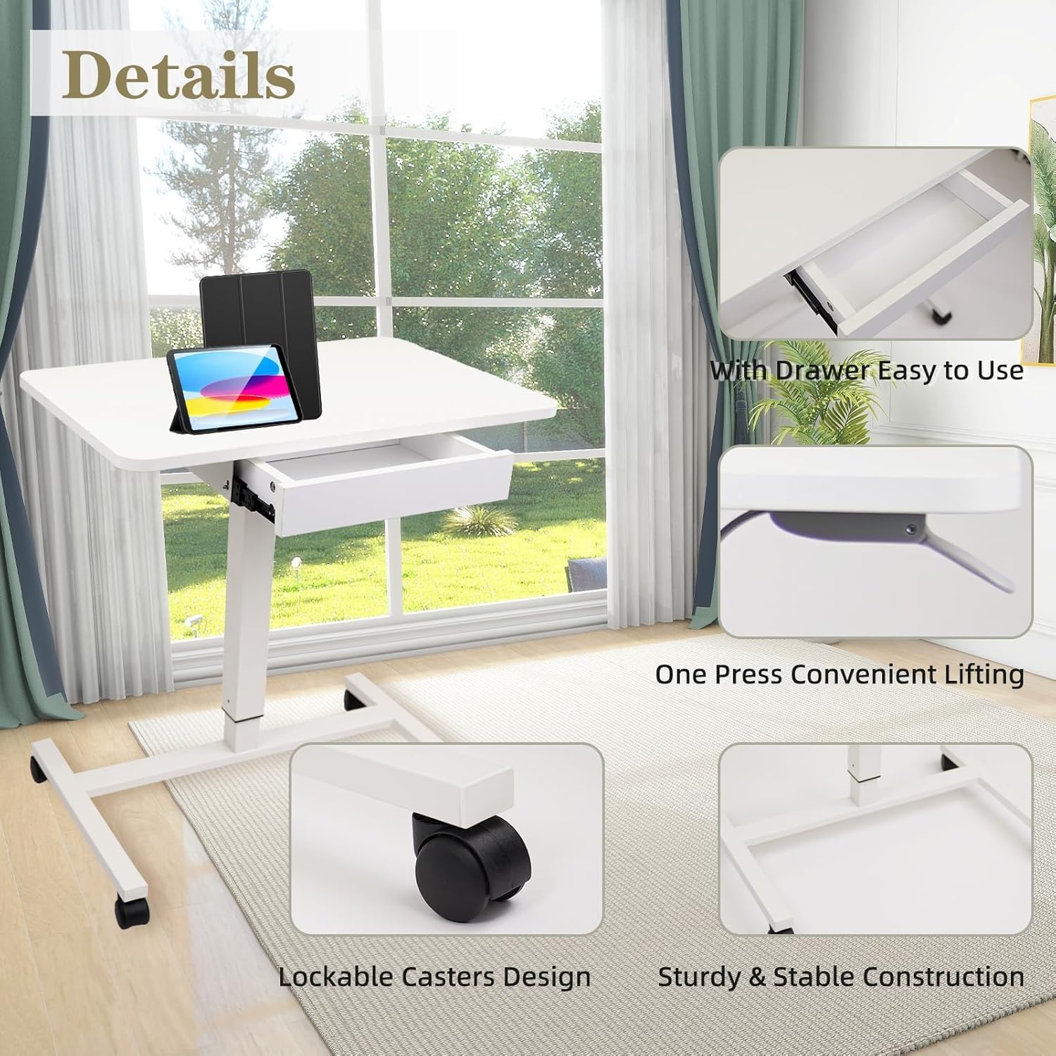image:imageCLATINA Mobile Laptop Standing Desk Height Adjustable Teacher Podium with Lockable Wheels Adjustable Work Table with Drawer Computer Cart Overbed Table for Home Office Classroom BlackWhite