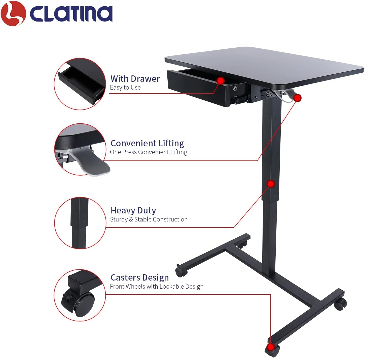 image:imageCLATINA Mobile Laptop Standing Desk Height Adjustable Teacher Podium with Lockable Wheels Adjustable Work Table with Drawer Computer Cart Overbed Table for Home Office Classroom BlackBlack