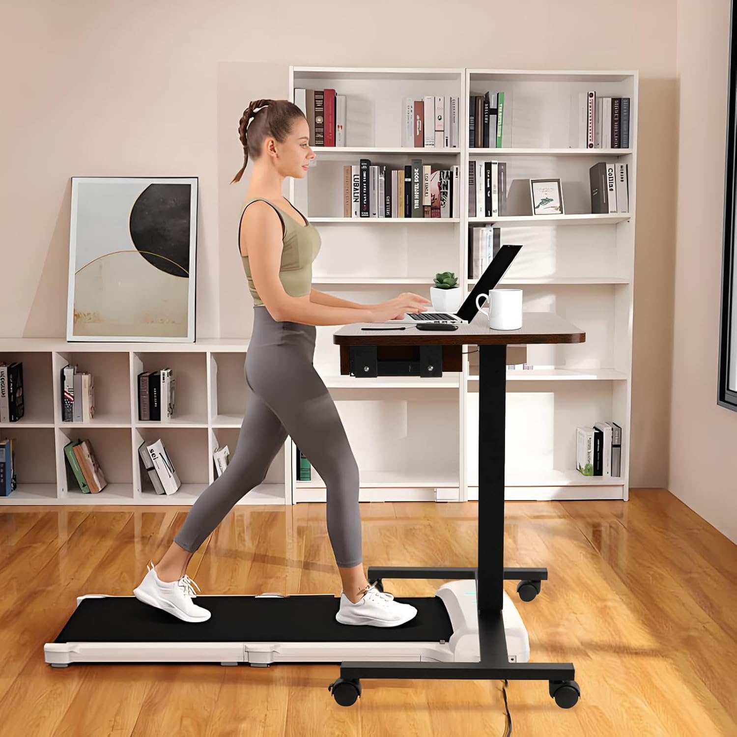 image:imageCLATINA Mobile Laptop Standing Desk Height Adjustable Teacher Podium with Lockable Wheels Adjustable Work Table with Drawer Computer Cart Overbed Table for Home Office Classroom BlackBrown