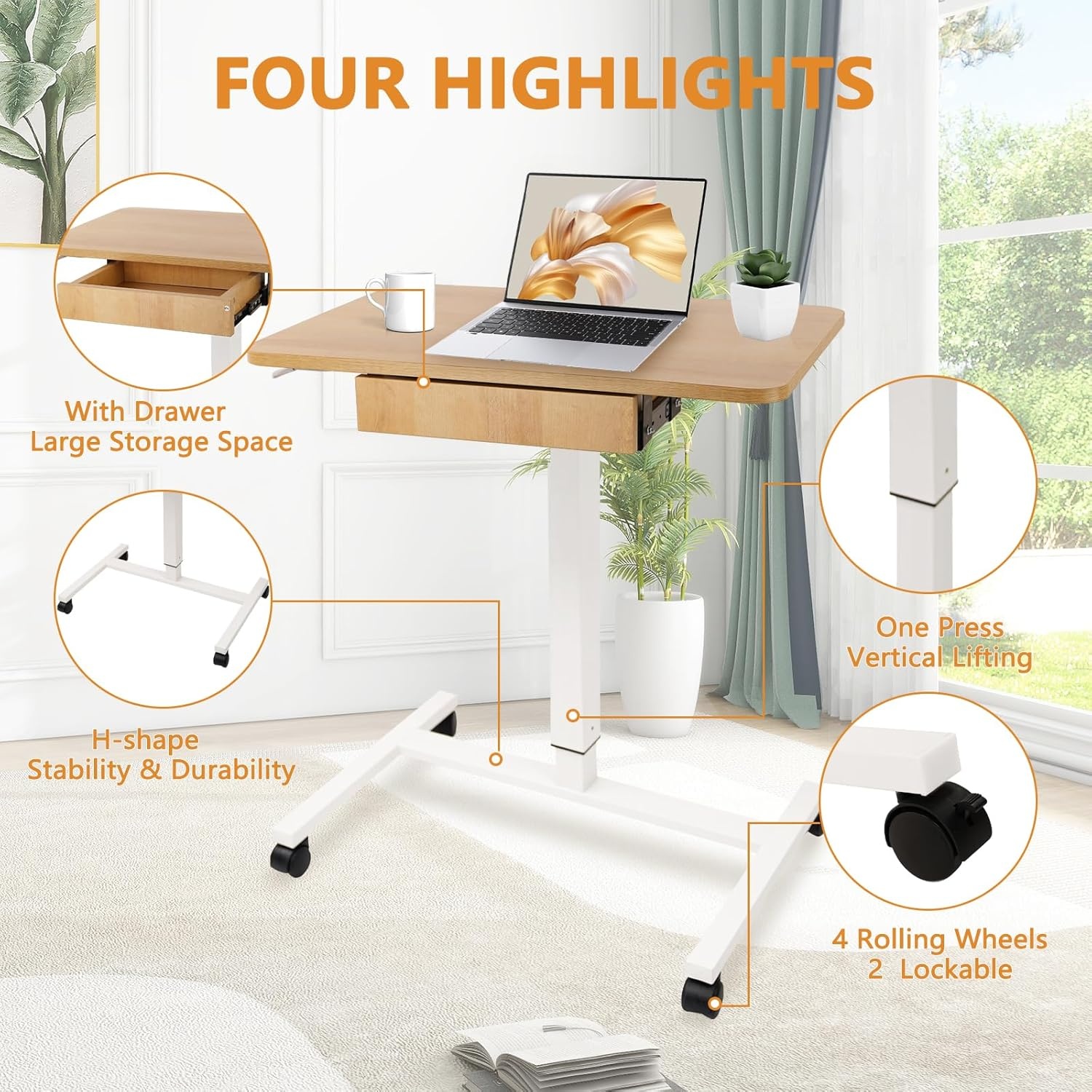 image:imageCLATINA Mobile Laptop Standing Desk Height Adjustable Teacher Podium with Lockable Wheels Adjustable Work Table with Drawer Computer Cart Overbed Table for Home Office Classroom BlackBeige