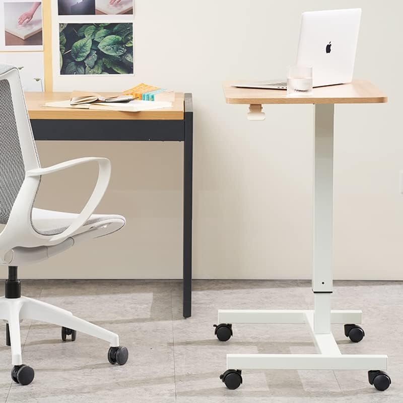 image:imageCLATINA Mobile Laptop Standing Desk Height Adjustable Teacher Podium with Lockable Wheels Adjustable Work Table with Drawer Computer Cart Overbed Table for Home Office Classroom BlackBeige