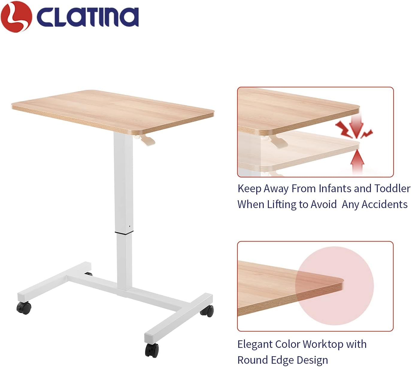 image:imageCLATINA Mobile Laptop Standing Desk Height Adjustable Teacher Podium with Lockable Wheels Adjustable Work Table with Drawer Computer Cart Overbed Table for Home Office Classroom BlackBeige