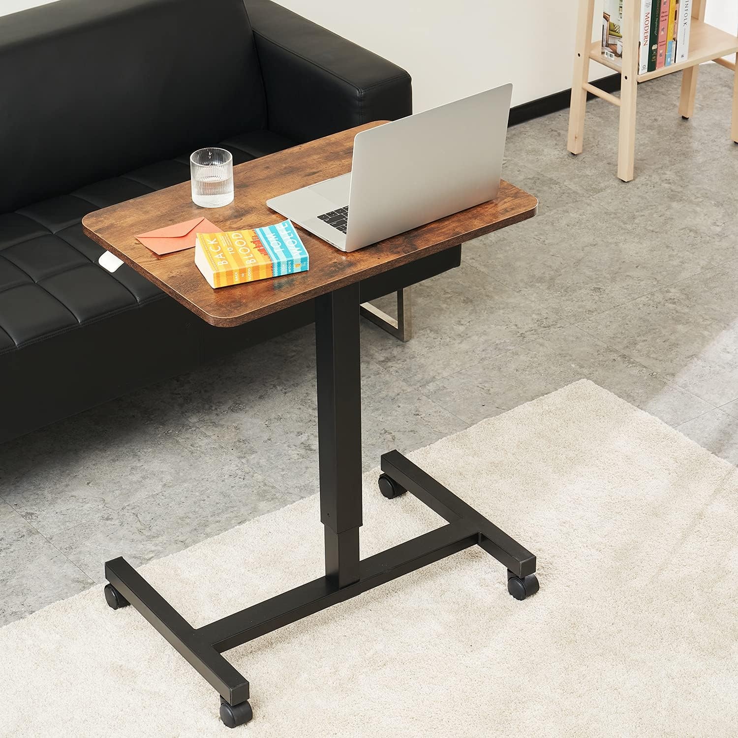 image:imageCLATINA Mobile Laptop Standing Desk Height Adjustable Teacher Podium with Lockable Wheels Adjustable Work Table with Drawer Computer Cart Overbed Table for Home Office Classroom BlackBrown