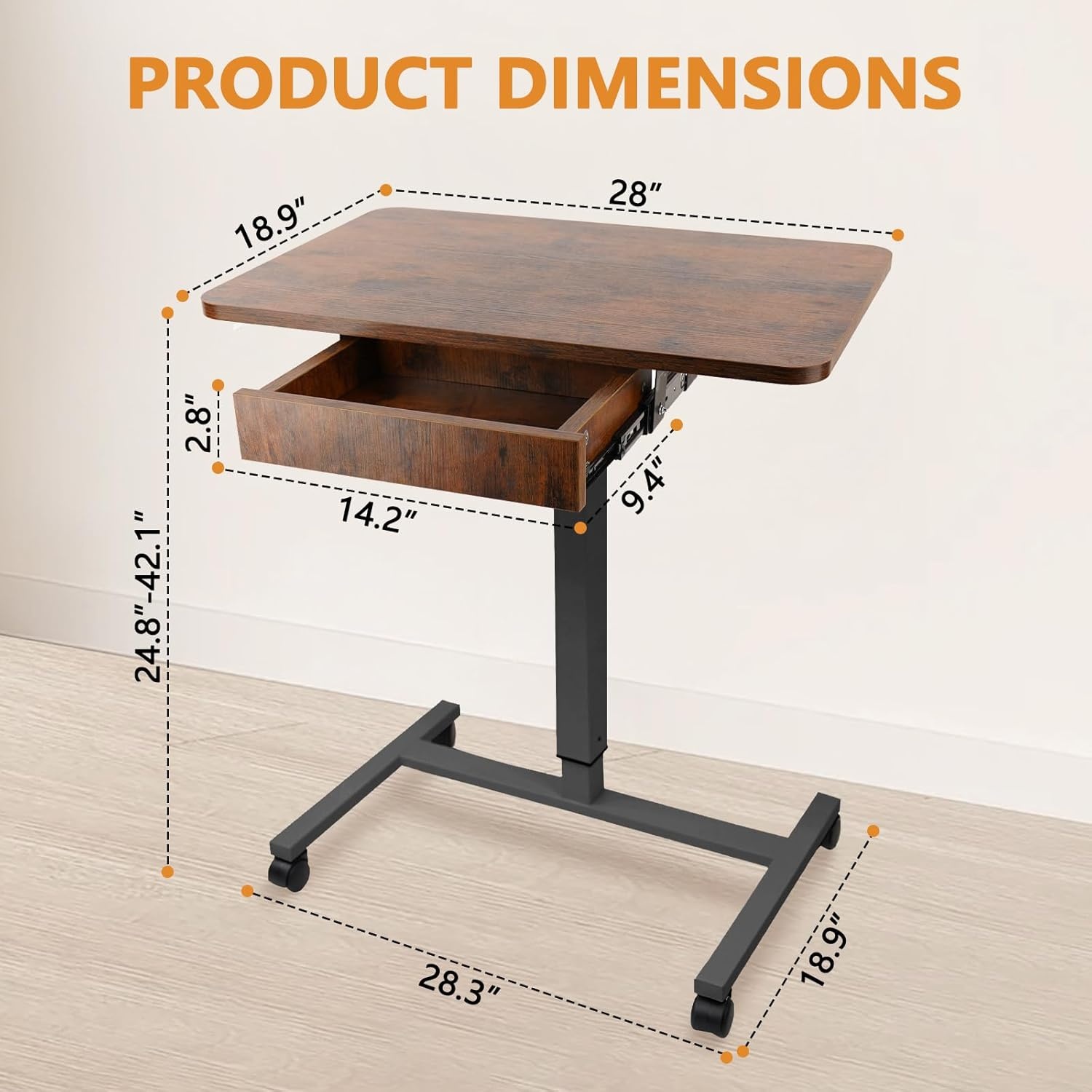 image:imageCLATINA Mobile Laptop Standing Desk Height Adjustable Teacher Podium with Lockable Wheels Adjustable Work Table with Drawer Computer Cart Overbed Table for Home Office Classroom BlackBrown