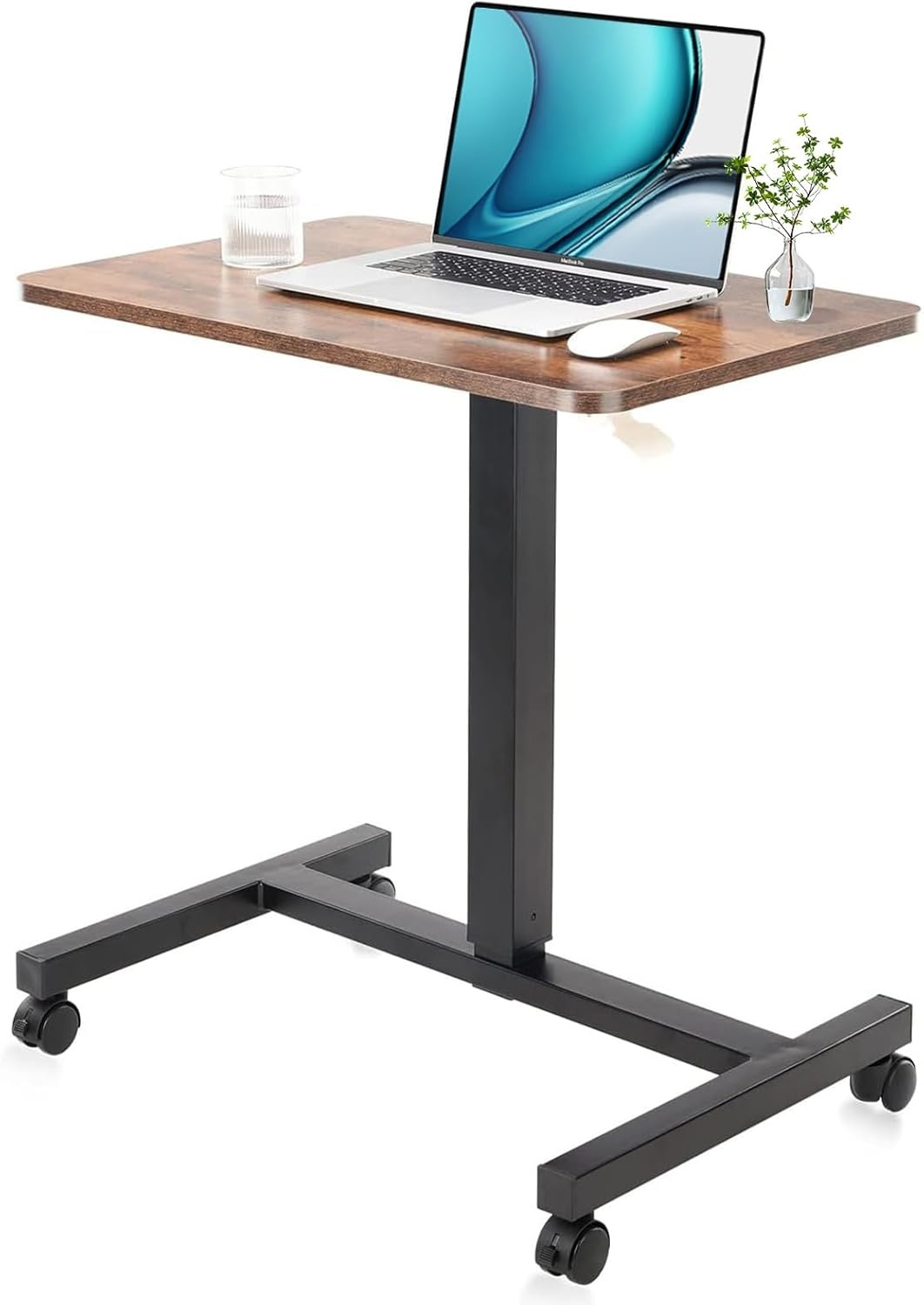 image:imageCLATINA Mobile Laptop Standing Desk Height Adjustable Teacher Podium with Lockable Wheels Adjustable Work Table with Drawer Computer Cart Overbed Table for Home Office Classroom BlackBrown