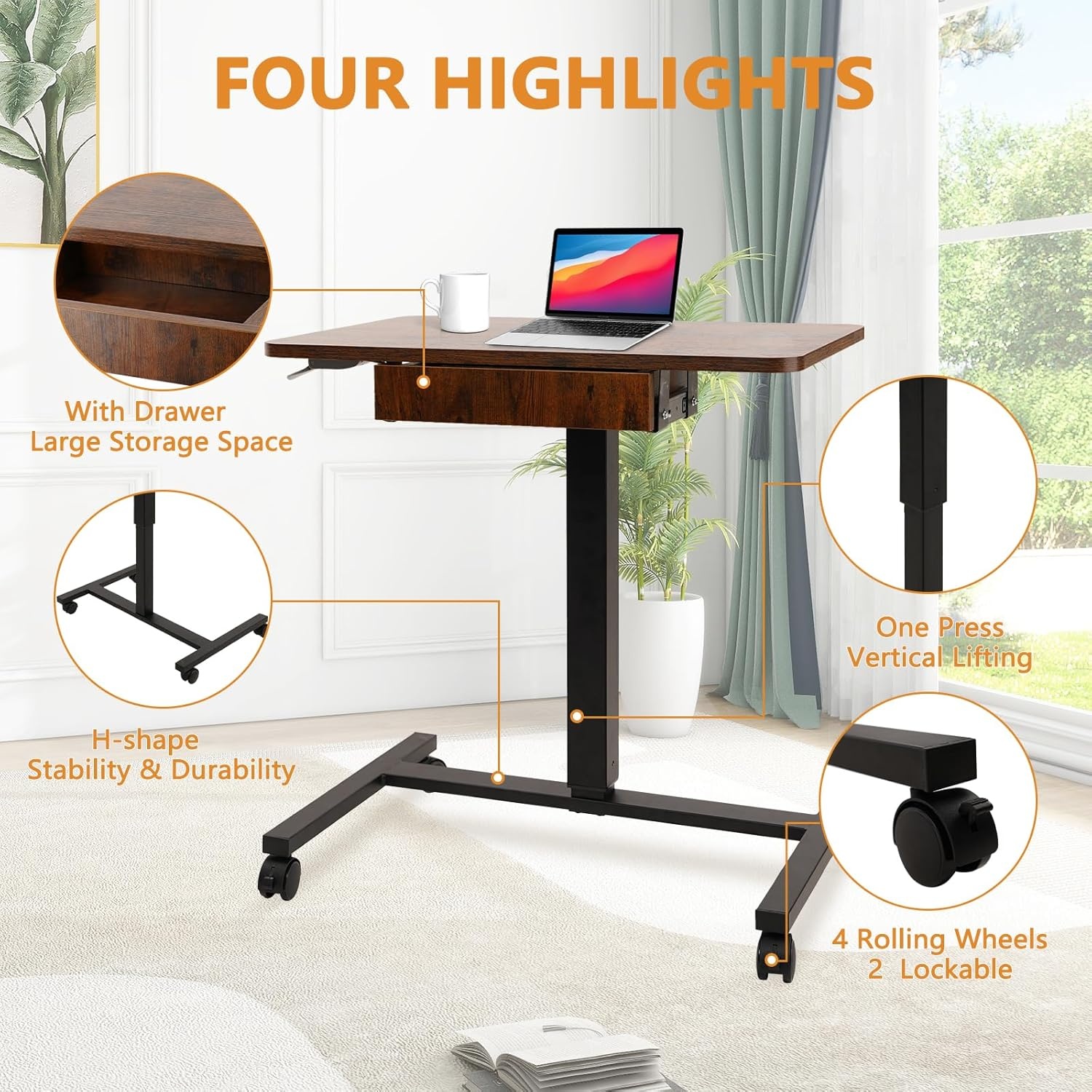 image:imageCLATINA Mobile Laptop Standing Desk Height Adjustable Teacher Podium with Lockable Wheels Adjustable Work Table with Drawer Computer Cart Overbed Table for Home Office Classroom BlackBrown