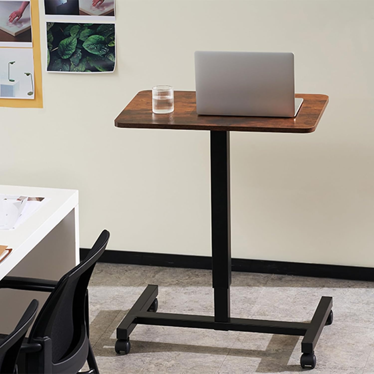 image:imageCLATINA Mobile Laptop Standing Desk Height Adjustable Teacher Podium with Lockable Wheels Adjustable Work Table with Drawer Computer Cart Overbed Table for Home Office Classroom BlackBrown
