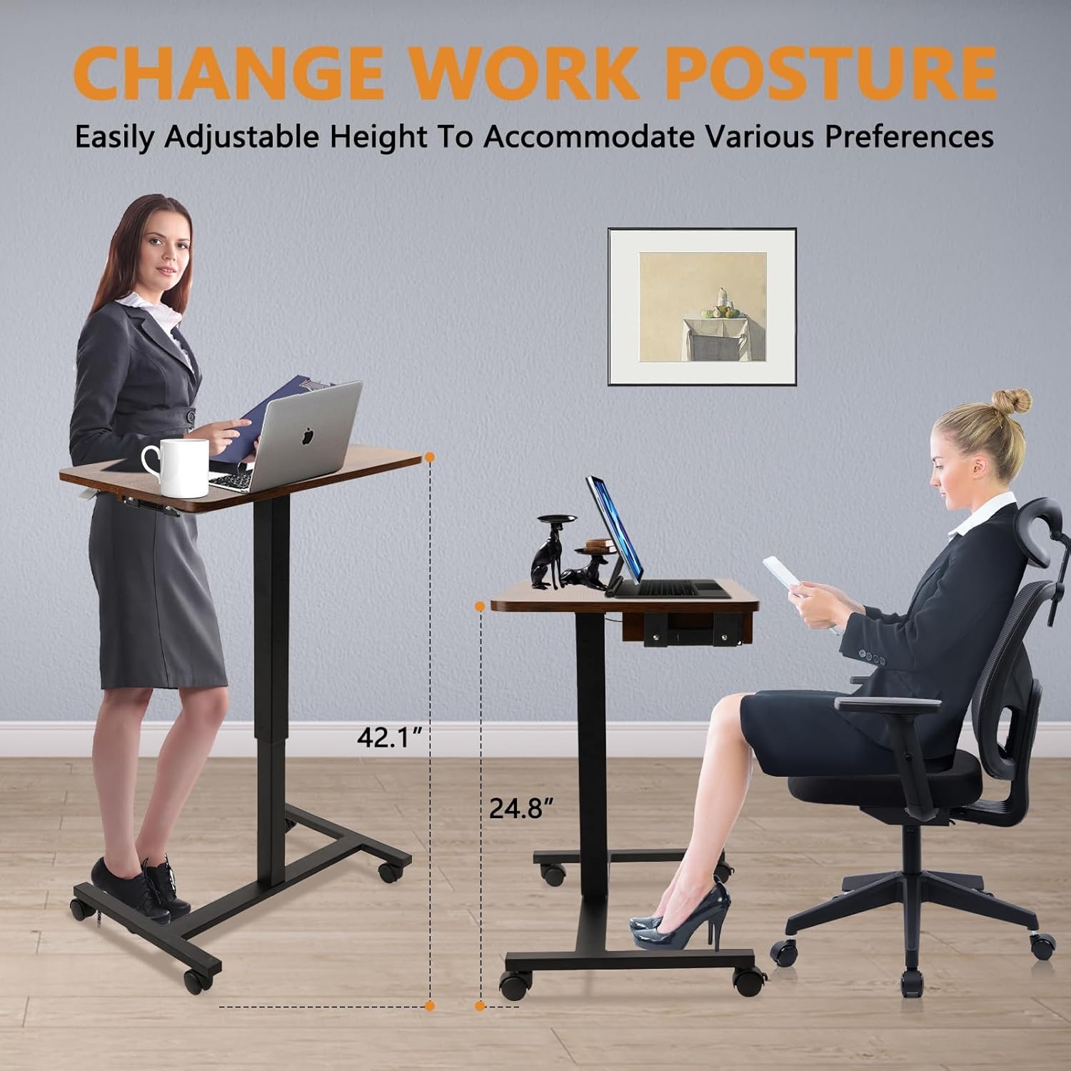 image:imageCLATINA Mobile Laptop Standing Desk Height Adjustable Teacher Podium with Lockable Wheels Adjustable Work Table with Drawer Computer Cart Overbed Table for Home Office Classroom BlackBrown