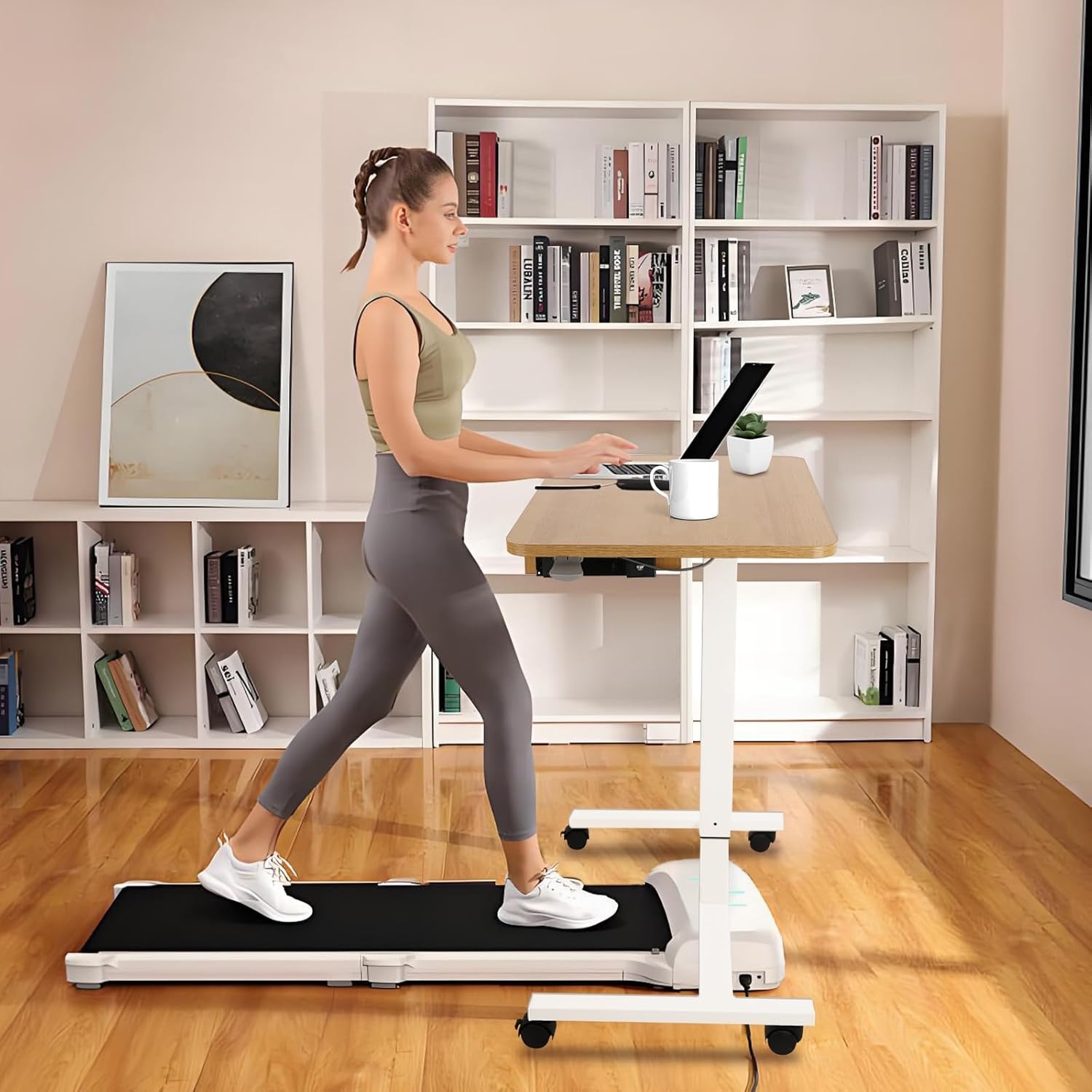 image:imageCLATINA Mobile Laptop Standing Desk Height Adjustable Teacher Podium with Lockable Wheels Adjustable Work Table with Drawer Computer Cart Overbed Table for Home Office Classroom BlackBeige
