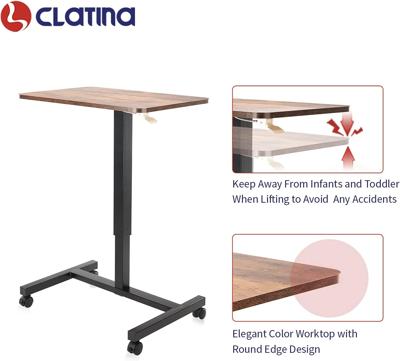 image:imageCLATINA Mobile Laptop Standing Desk Height Adjustable Teacher Podium with Lockable Wheels Adjustable Work Table with Drawer Computer Cart Overbed Table for Home Office Classroom BlackBrown