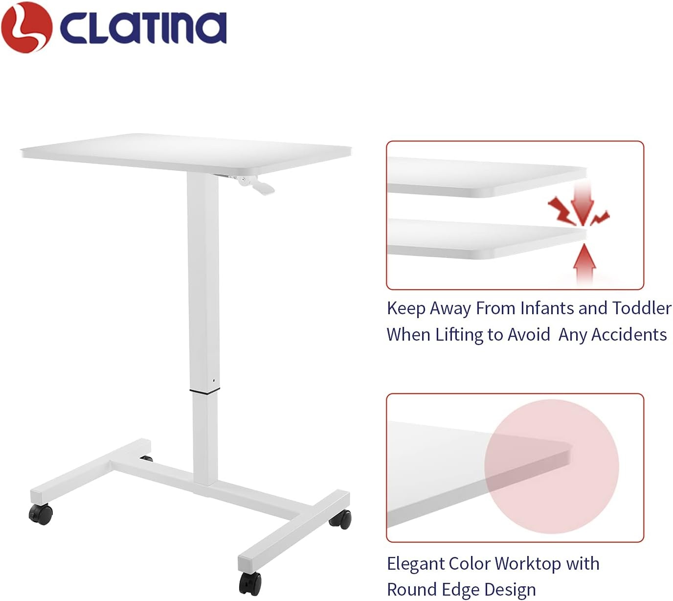 image:imageCLATINA Mobile Laptop Standing Desk Height Adjustable Teacher Podium with Lockable Wheels Adjustable Work Table with Drawer Computer Cart Overbed Table for Home Office Classroom BlackWhite