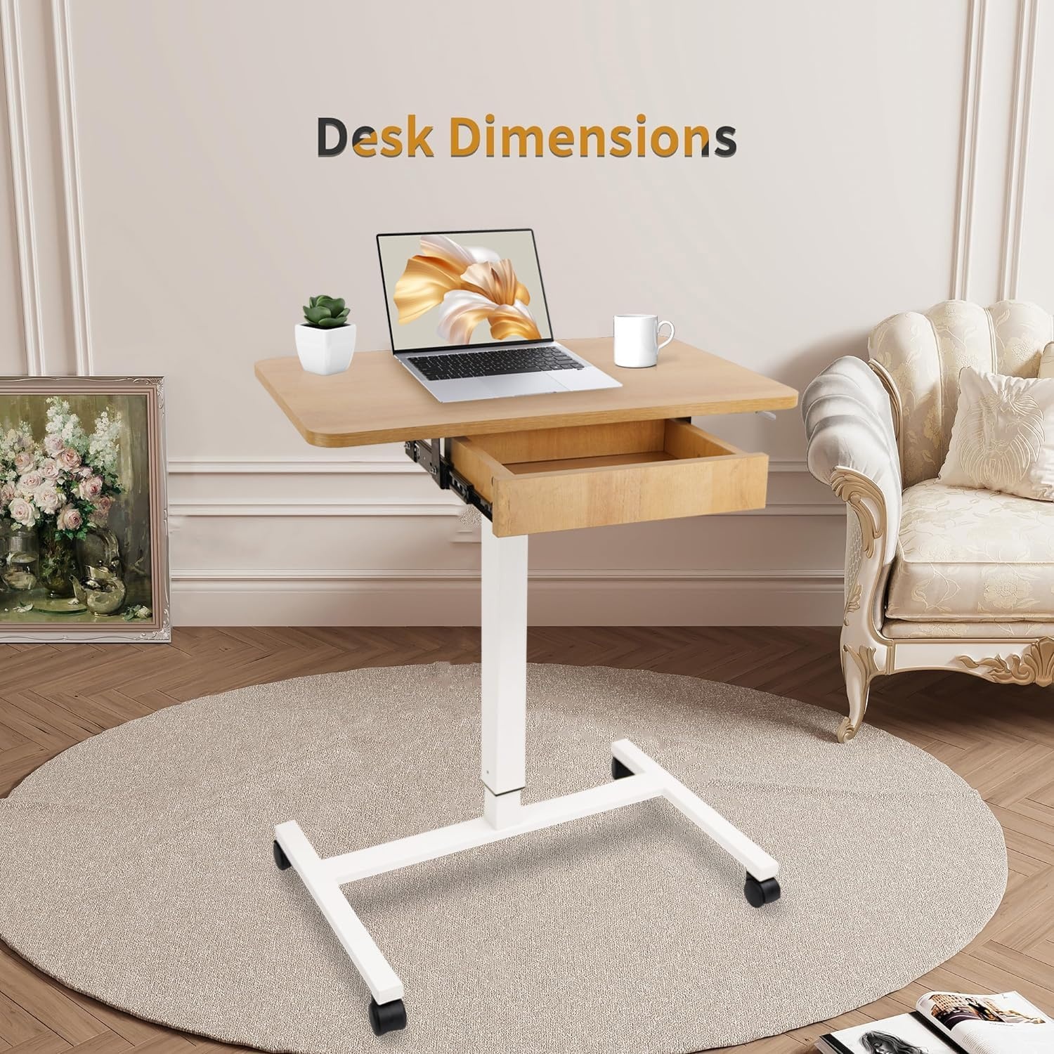 image:imageCLATINA Mobile Laptop Standing Desk Height Adjustable Teacher Podium with Lockable Wheels Adjustable Work Table with Drawer Computer Cart Overbed Table for Home Office Classroom BlackBeige
