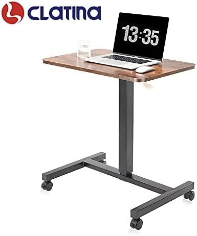 image:imageCLATINA Mobile Laptop Standing Desk Height Adjustable Teacher Podium with Lockable Wheels Adjustable Work Table with Drawer Computer Cart Overbed Table for Home Office Classroom BlackBrown