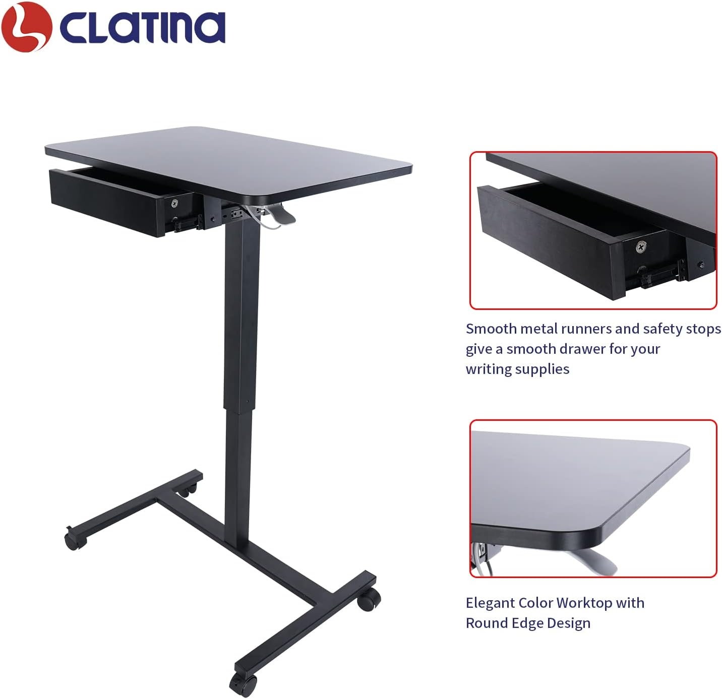 image:imageCLATINA Mobile Laptop Standing Desk Height Adjustable Teacher Podium with Lockable Wheels Adjustable Work Table with Drawer Computer Cart Overbed Table for Home Office Classroom BlackBlack