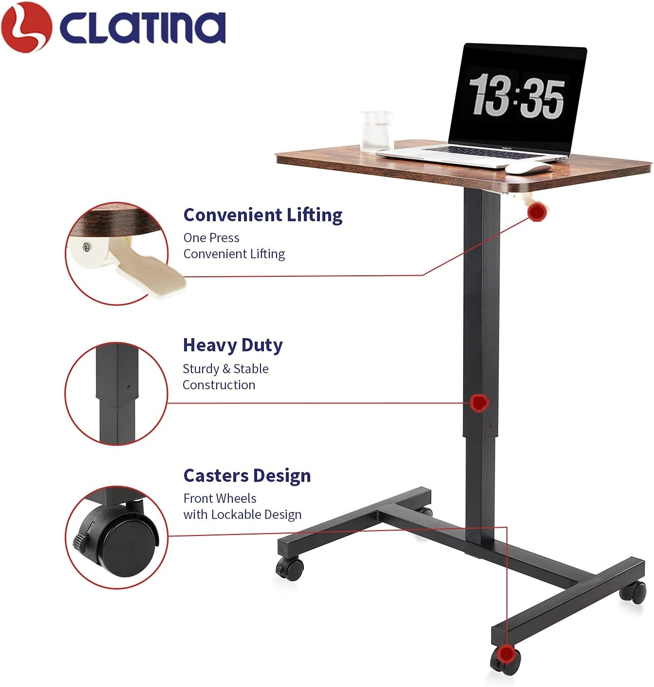 image:imageCLATINA Mobile Laptop Standing Desk Height Adjustable Teacher Podium with Lockable Wheels Adjustable Work Table with Drawer Computer Cart Overbed Table for Home Office Classroom BlackBrown