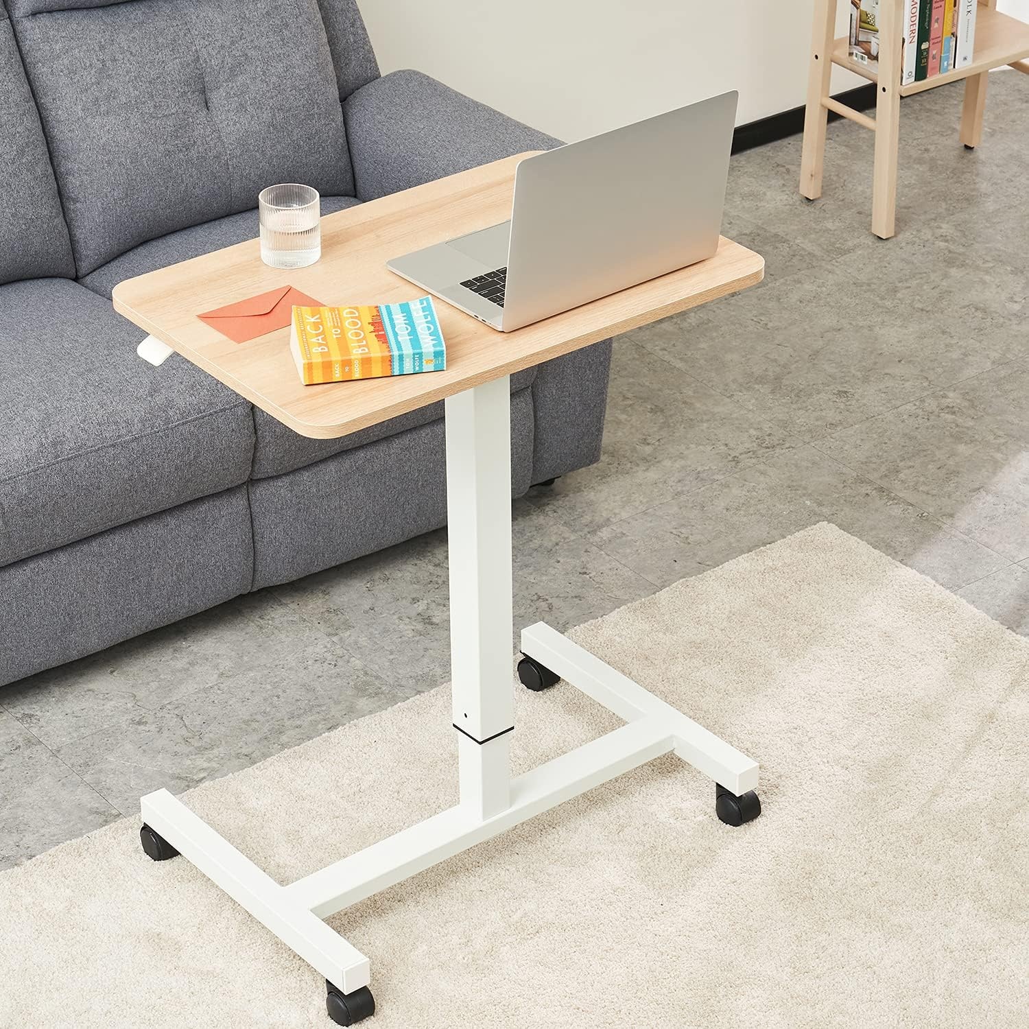 image:imageCLATINA Mobile Laptop Standing Desk Height Adjustable Teacher Podium with Lockable Wheels Adjustable Work Table with Drawer Computer Cart Overbed Table for Home Office Classroom BlackBeige