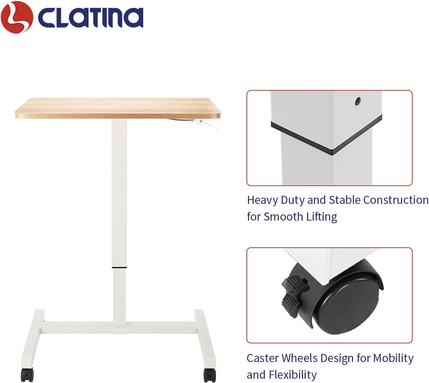 image:imageCLATINA Mobile Laptop Standing Desk Height Adjustable Teacher Podium with Lockable Wheels Adjustable Work Table with Drawer Computer Cart Overbed Table for Home Office Classroom BlackBeige