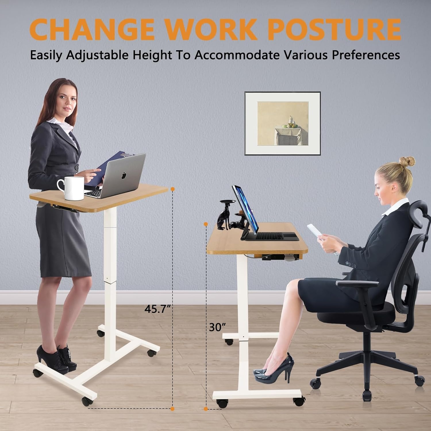 image:imageCLATINA Mobile Laptop Standing Desk Height Adjustable Teacher Podium with Lockable Wheels Adjustable Work Table with Drawer Computer Cart Overbed Table for Home Office Classroom BlackBeige