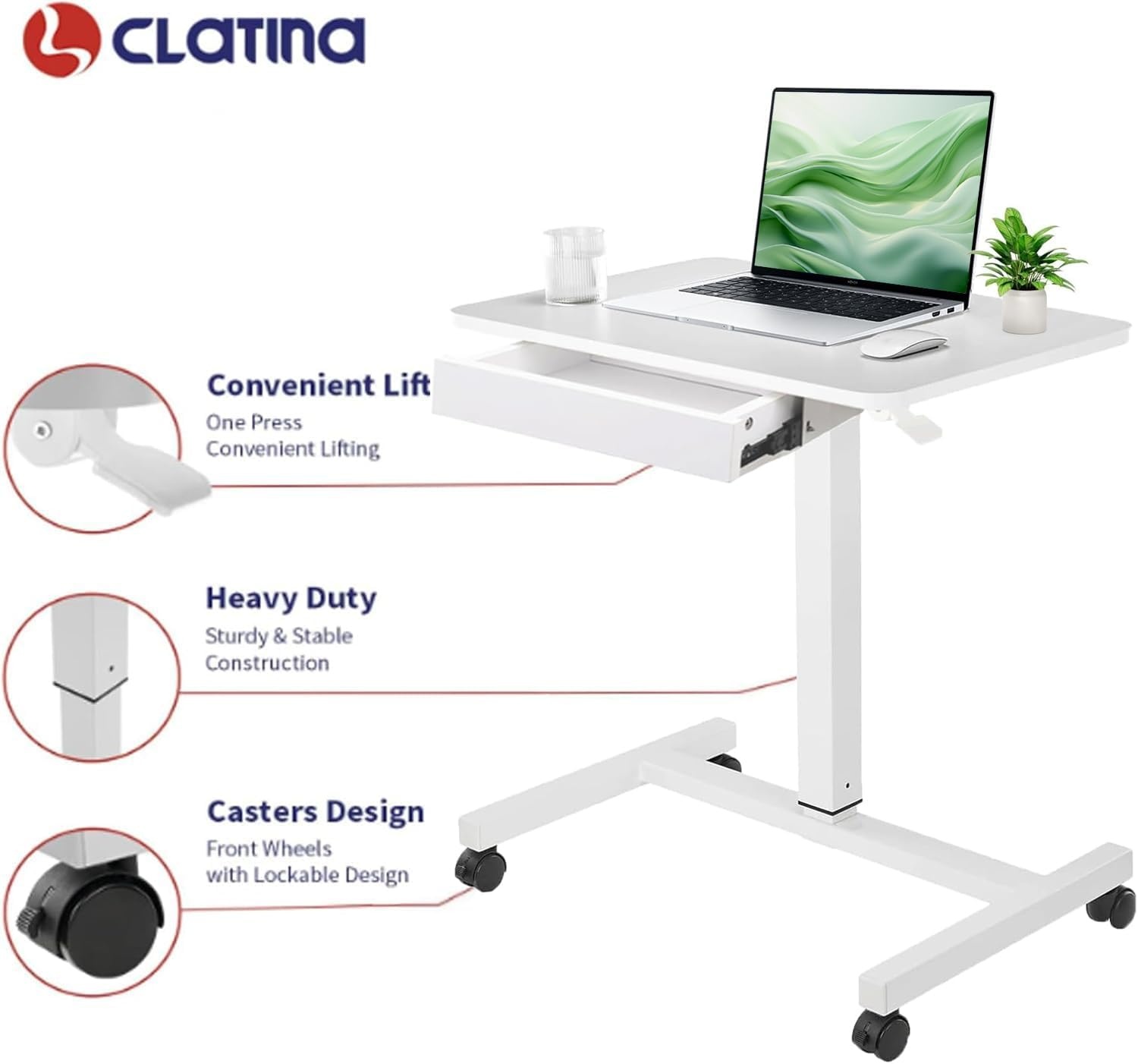 image:imageCLATINA Mobile Laptop Standing Desk Height Adjustable Teacher Podium with Lockable Wheels Adjustable Work Table with Drawer Computer Cart Overbed Table for Home Office Classroom BlackWhite