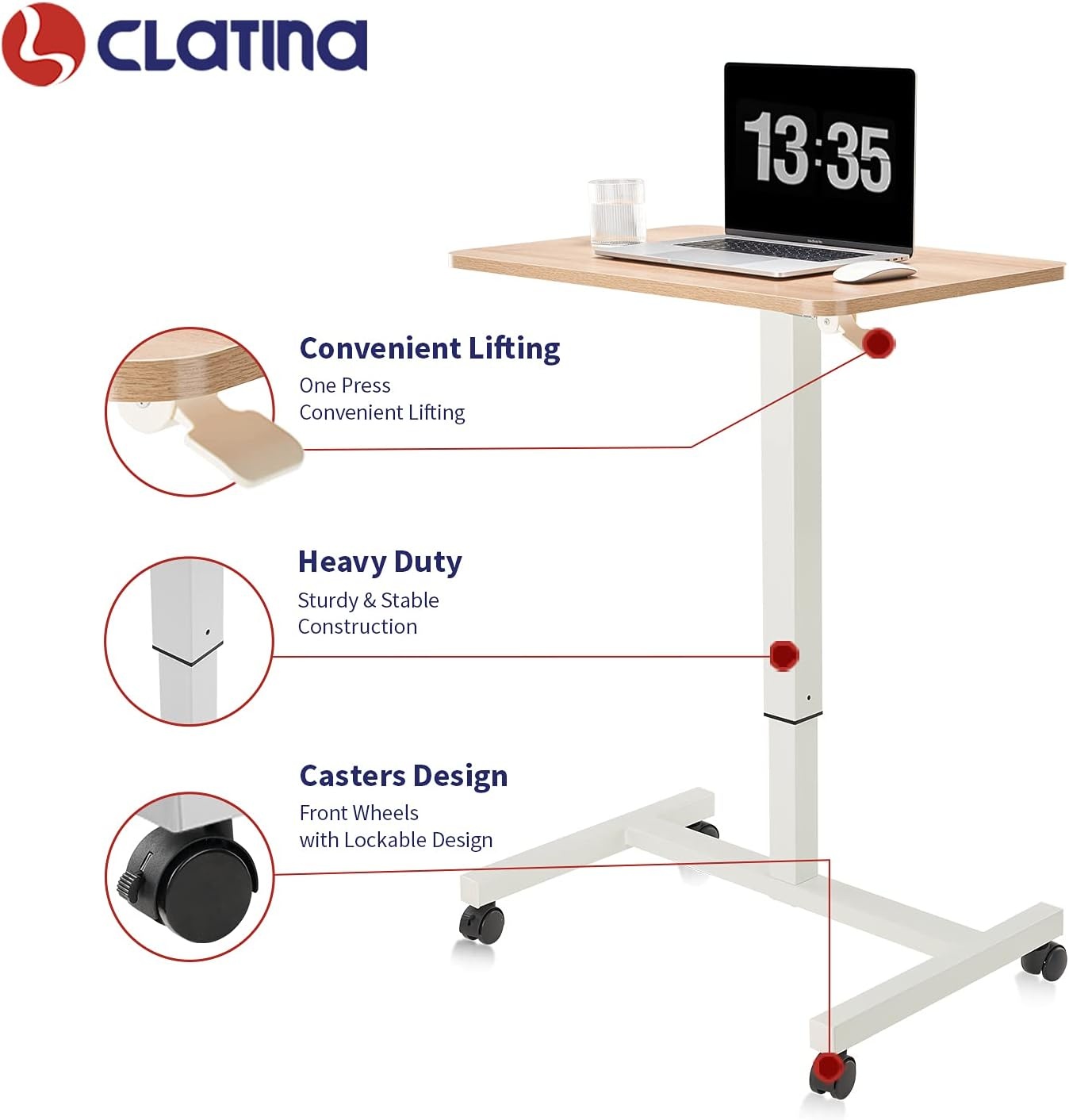 image:imageCLATINA Mobile Laptop Standing Desk Height Adjustable Teacher Podium with Lockable Wheels Adjustable Work Table with Drawer Computer Cart Overbed Table for Home Office Classroom BlackBeige