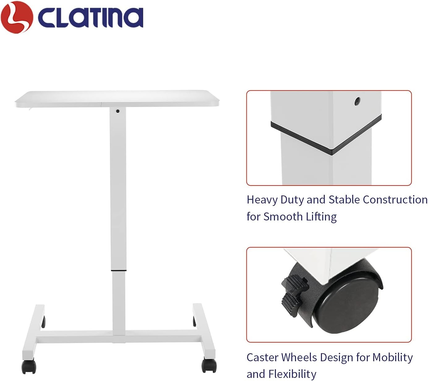 image:imageCLATINA Mobile Laptop Standing Desk Height Adjustable Teacher Podium with Lockable Wheels Adjustable Work Table with Drawer Computer Cart Overbed Table for Home Office Classroom BlackWhite