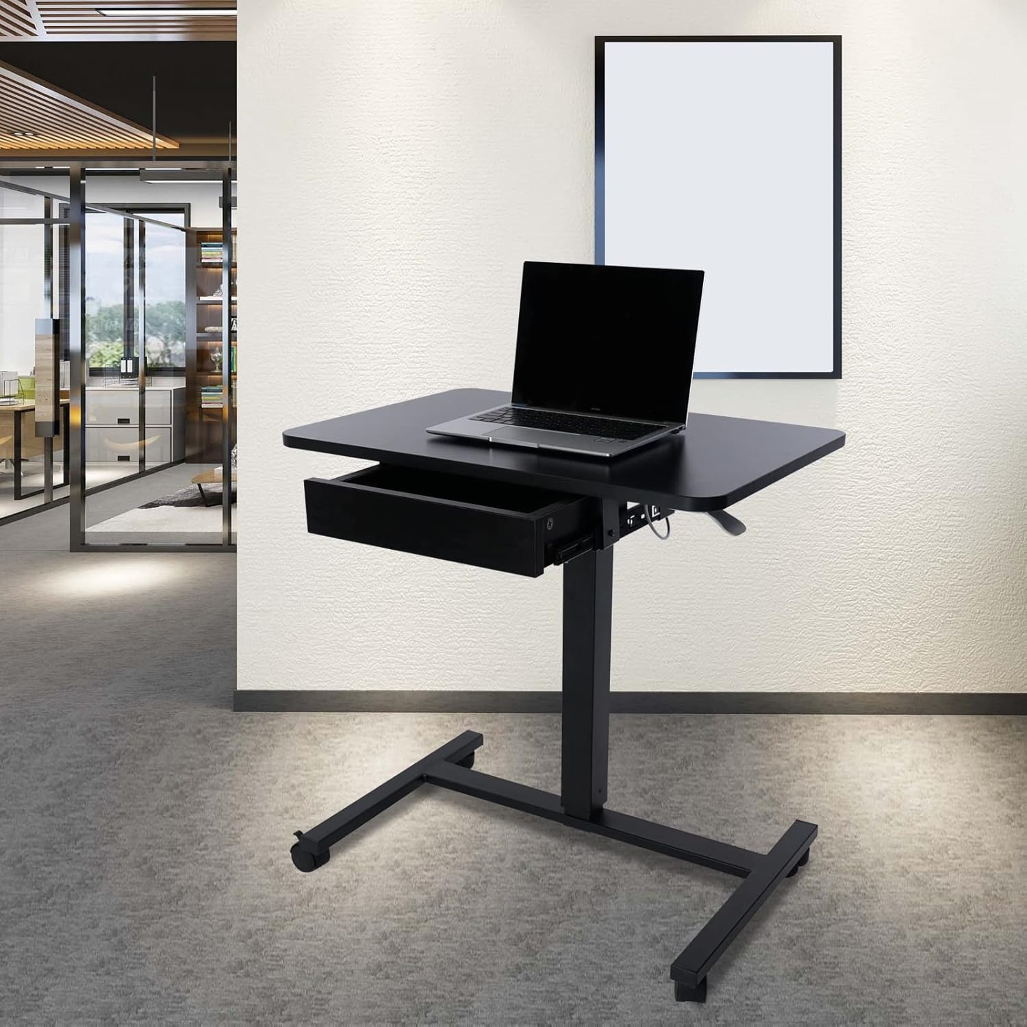 image:imageCLATINA Mobile Laptop Standing Desk Height Adjustable Teacher Podium with Lockable Wheels Adjustable Work Table with Drawer Computer Cart Overbed Table for Home Office Classroom BlackBlack