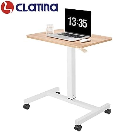 image:imageCLATINA Mobile Laptop Standing Desk Height Adjustable Teacher Podium with Lockable Wheels Adjustable Work Table with Drawer Computer Cart Overbed Table for Home Office Classroom BlackBeige