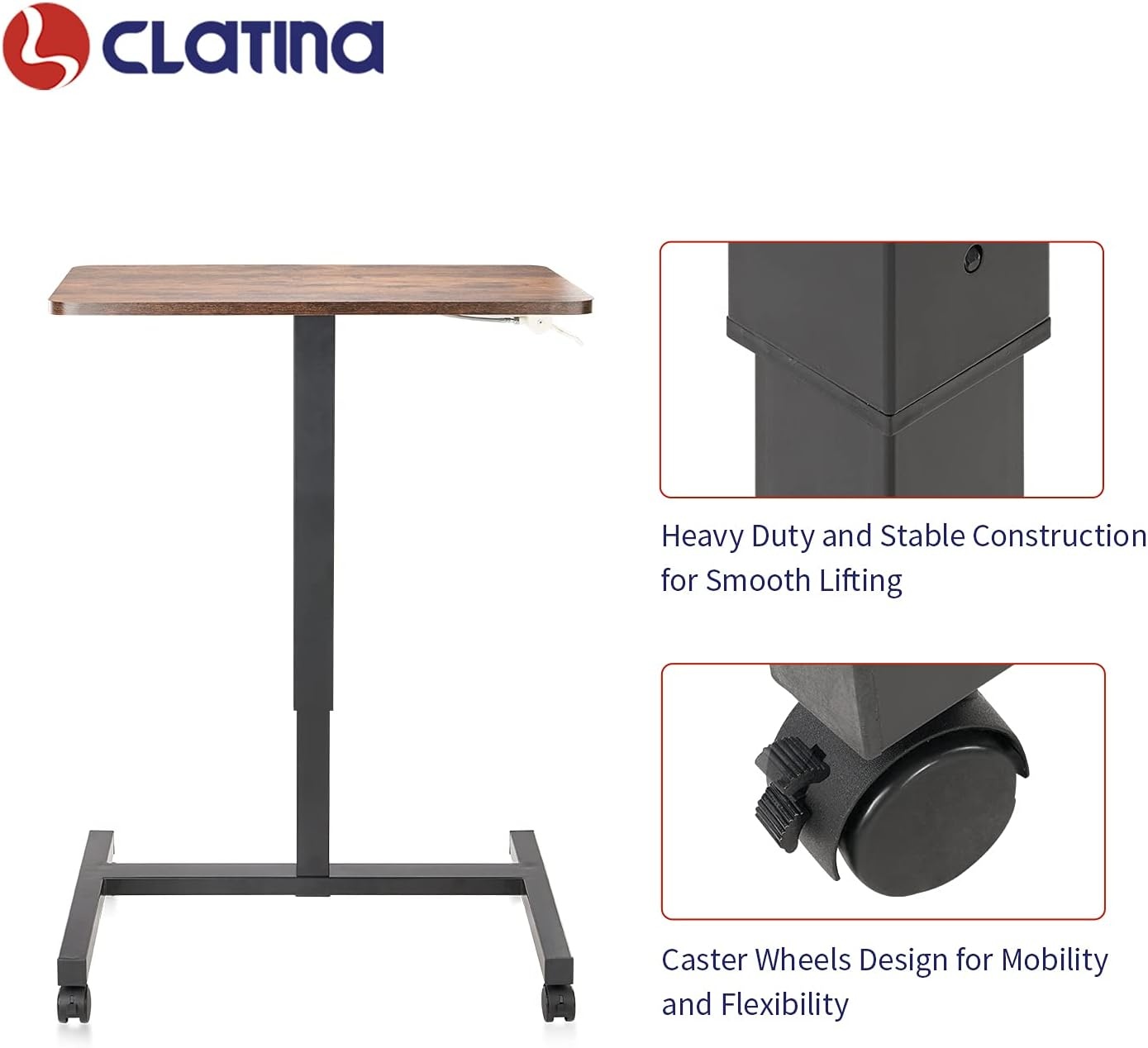 image:imageCLATINA Mobile Laptop Standing Desk Height Adjustable Teacher Podium with Lockable Wheels Adjustable Work Table with Drawer Computer Cart Overbed Table for Home Office Classroom BlackBrown