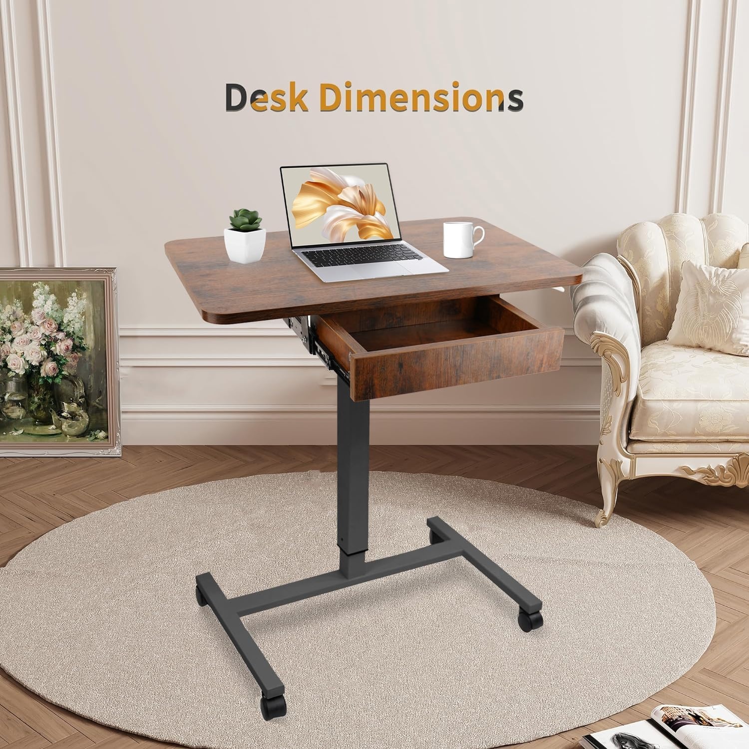image:imageCLATINA Mobile Laptop Standing Desk Height Adjustable Teacher Podium with Lockable Wheels Adjustable Work Table with Drawer Computer Cart Overbed Table for Home Office Classroom BlackBrown