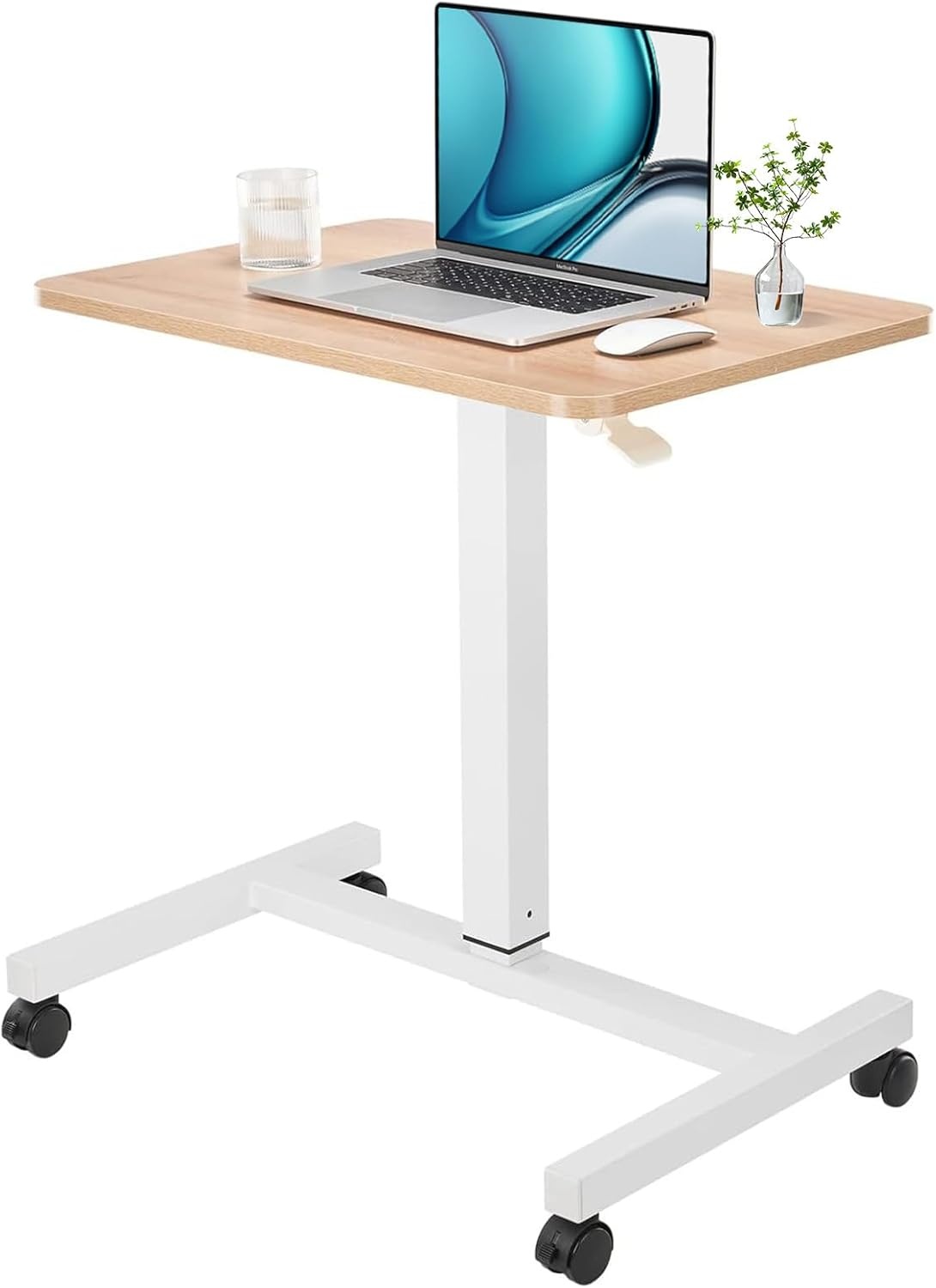 image:imageCLATINA Mobile Laptop Standing Desk Height Adjustable Teacher Podium with Lockable Wheels Adjustable Work Table with Drawer Computer Cart Overbed Table for Home Office Classroom BlackBeige