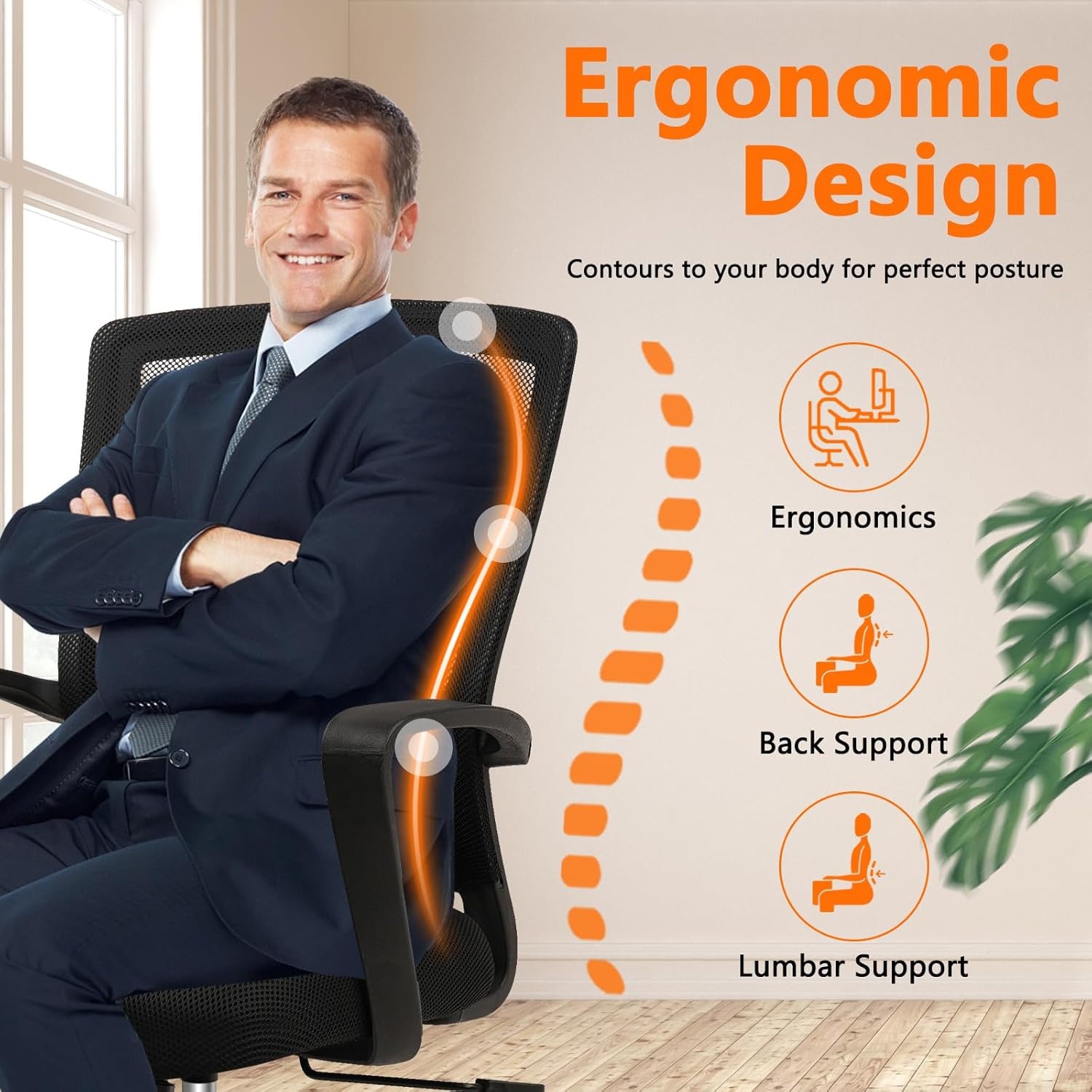 image:imageCLATINA Office Chair Ergonomic Rolling Computer Desk Chair with Lumbar Support Mesh Swivel Executive Chairs with Armrest Wheels for Home Conference Room Black