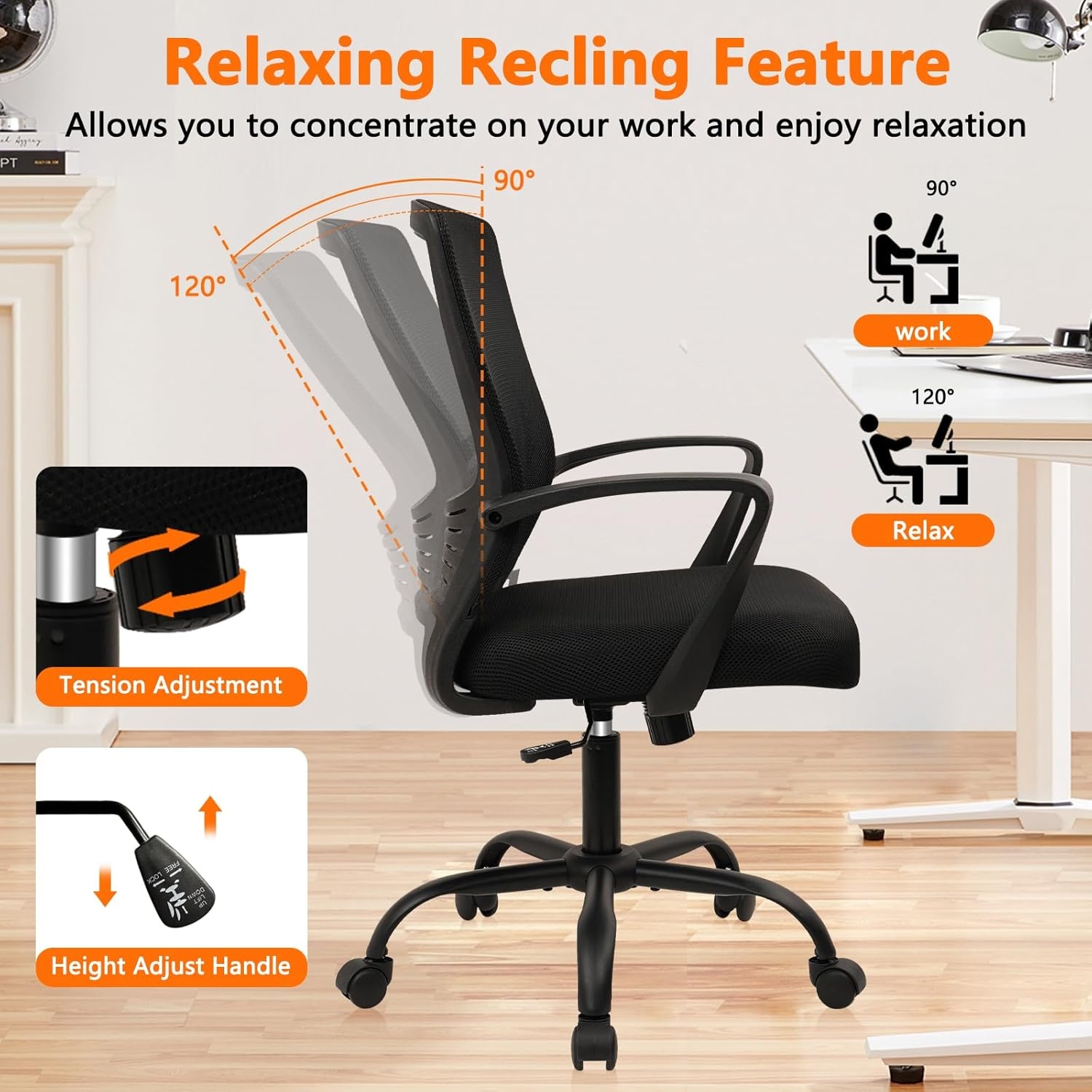 image:imageCLATINA Office Chair Ergonomic Rolling Computer Desk Chair with Lumbar Support Mesh Swivel Executive Chairs with Armrest Wheels for Home Conference Room Black
