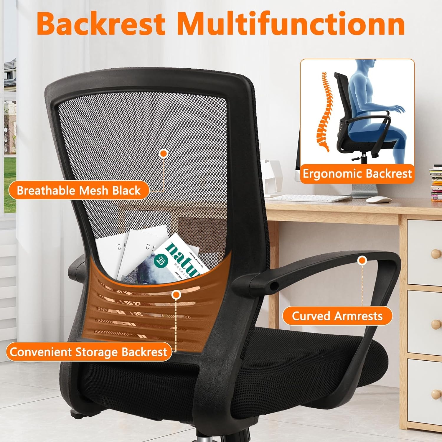 image:imageCLATINA Office Chair Ergonomic Rolling Computer Desk Chair with Lumbar Support Mesh Swivel Executive Chairs with Armrest Wheels for Home Conference Room Black
