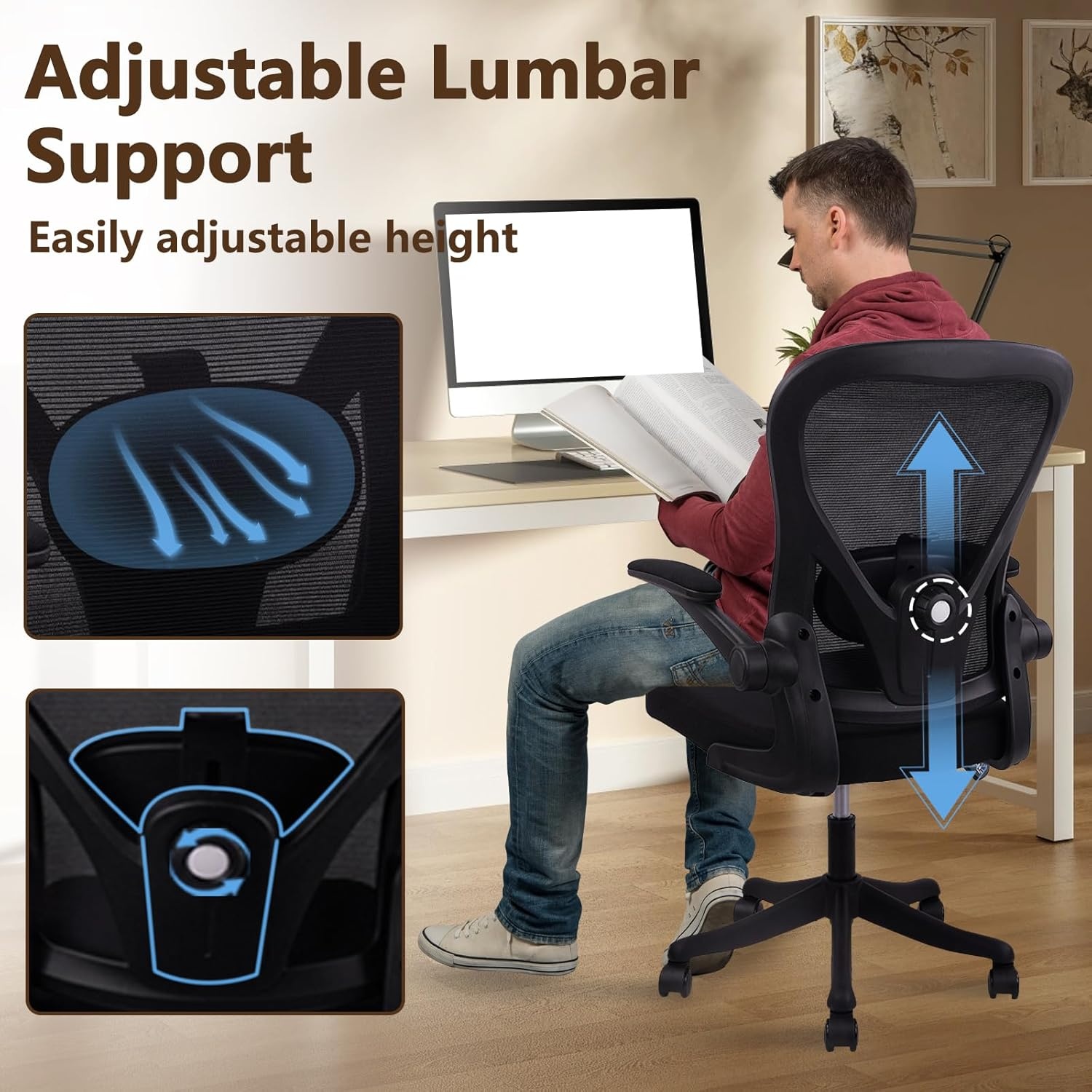 image:imageCLATINA Office Computer Desk Chair Ergonomic Mesh Rolling Work Chairs Executive Task Chairs with Adjustable Lumbar Support Flipup Armrests for HomeBedroomStudy Conference Black