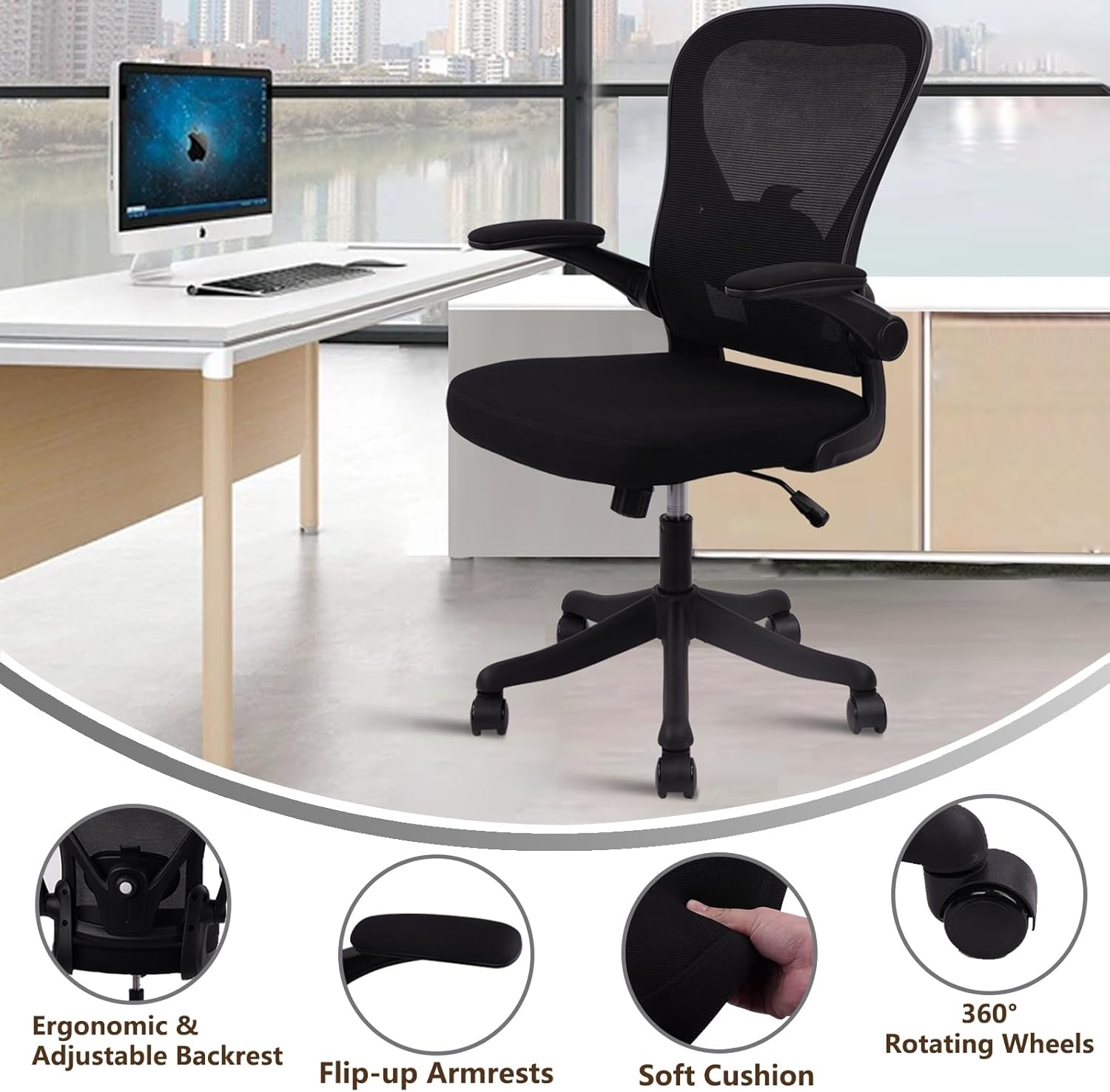 image:imageCLATINA Office Computer Desk Chair Ergonomic Mesh Rolling Work Chairs Executive Task Chairs with Adjustable Lumbar Support Flipup Armrests for HomeBedroomStudy ConferenceBlack 4Pack