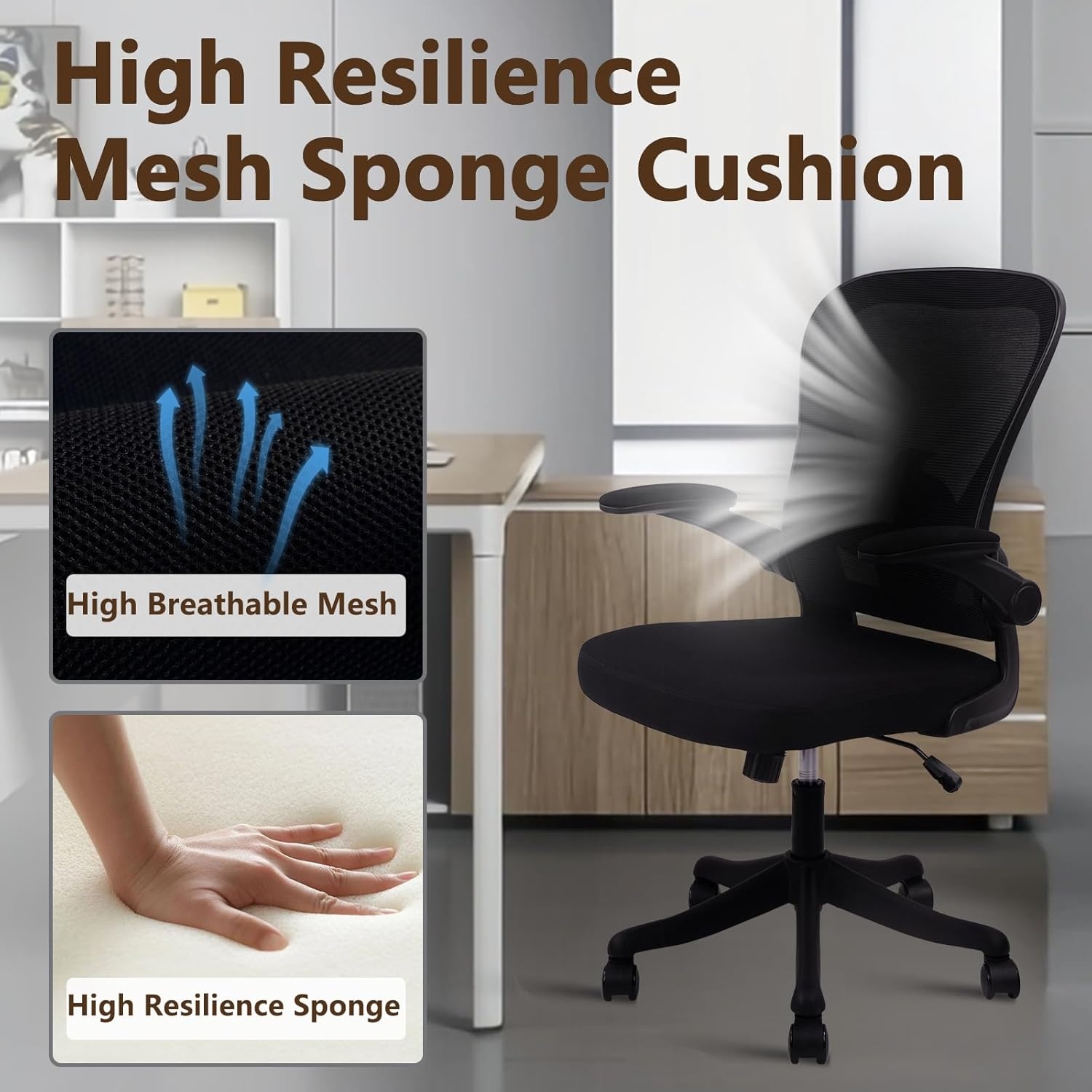 image:imageCLATINA Office Computer Desk Chair Ergonomic Mesh Rolling Work Chairs Executive Task Chairs with Adjustable Lumbar Support Flipup Armrests for HomeBedroomStudy ConferenceBlack 4Pack