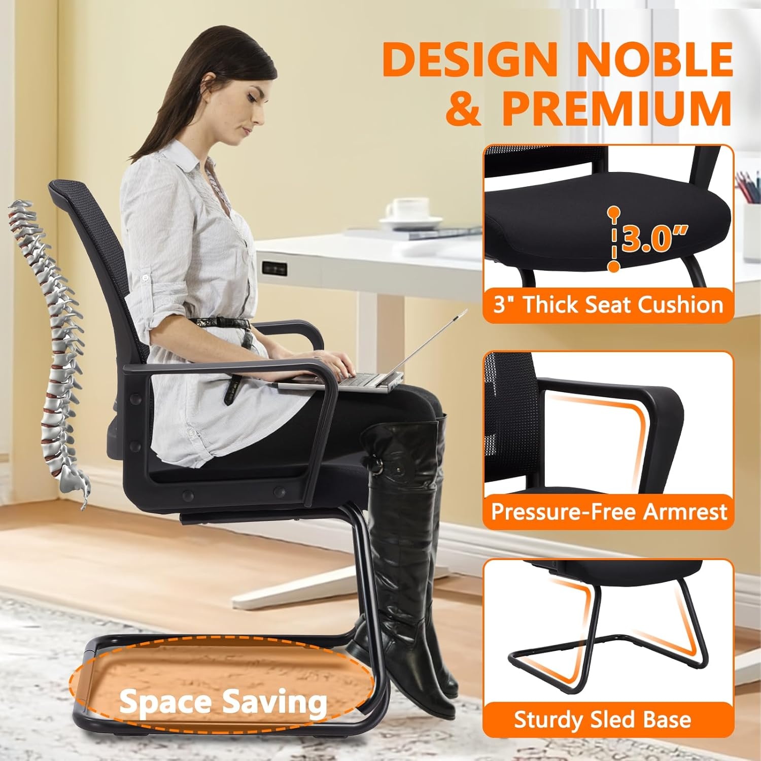image:imageCLATINA Office Guest Chair with Lumbar Support and Mid Back Mesh Space Air Grid Series for Reception Conference RoomBlack
