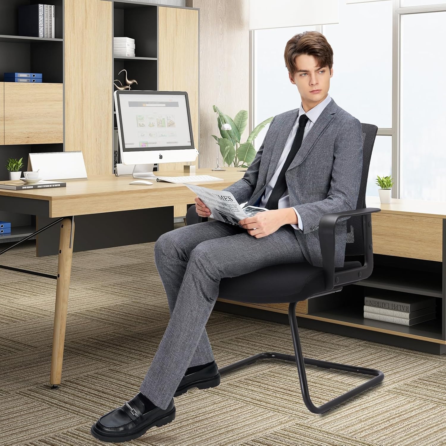 image:imageCLATINA Office Guest Chair with Lumbar Support and Mid Back Mesh Space Air Grid Series for Reception Conference RoomBlack