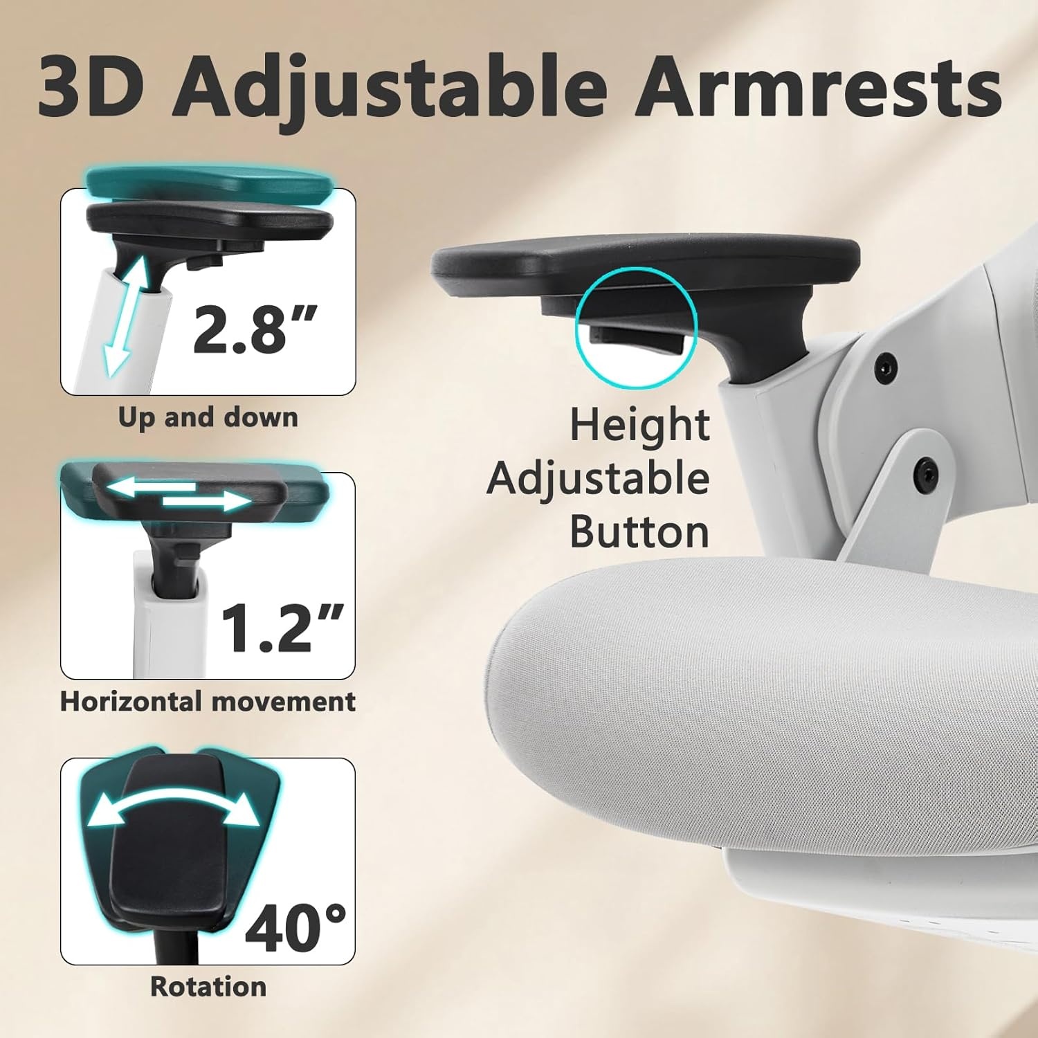 image:imageCLATINA Swivel Executive Computer Chair with 3D Armrest and Lumbar Support Adjustable Ergonomic Fabric Backrest Task Chair for Home Office Conference RoomGreymesh