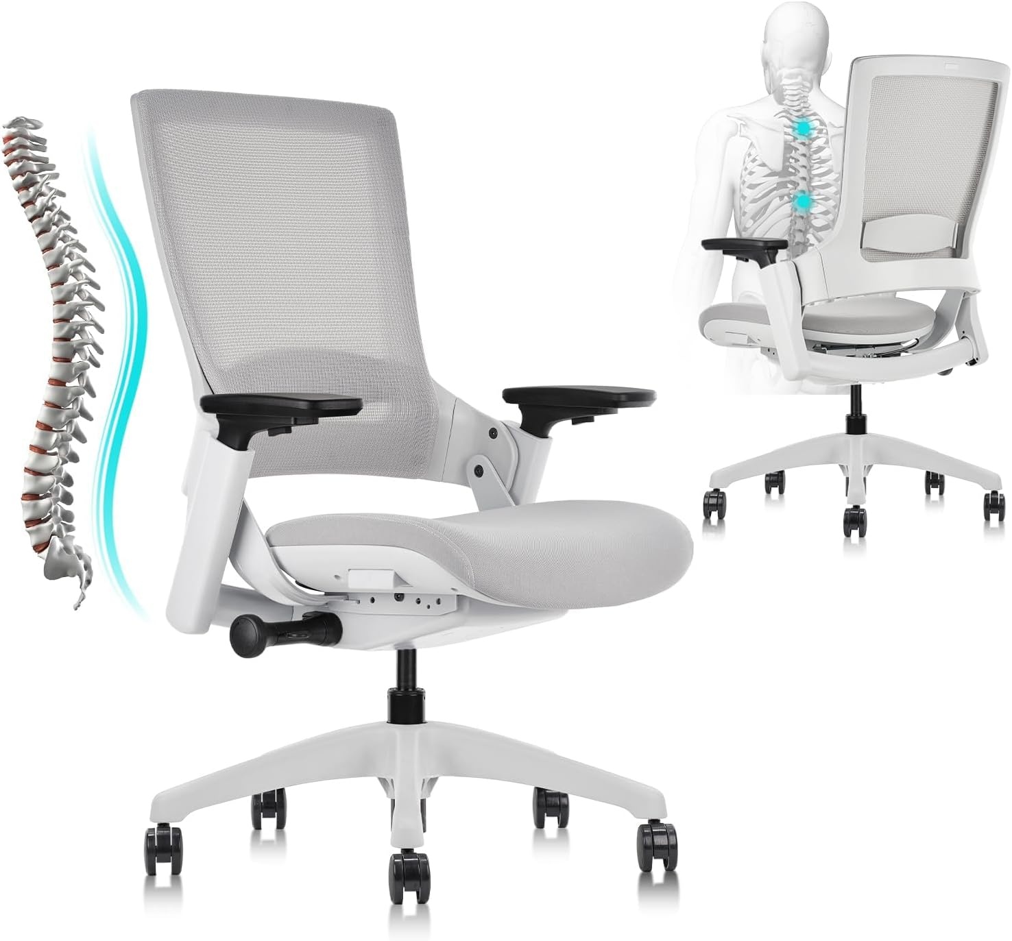 image:imageCLATINA Swivel Executive Computer Chair with 3D Armrest and Lumbar Support Adjustable Ergonomic Fabric Backrest Task Chair for Home Office Conference RoomGreymesh