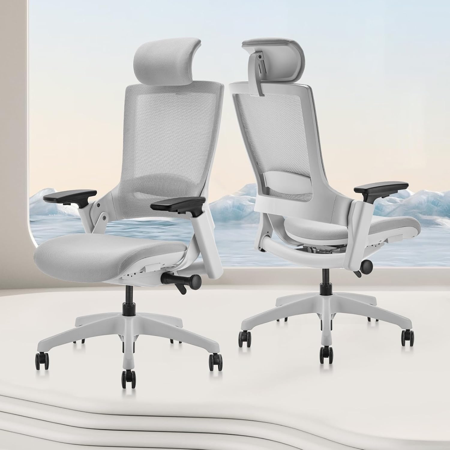 image:imageCLATINA Swivel Executive Computer Chair with 3D Armrest and Lumbar Support Adjustable Ergonomic Fabric Backrest Task Chair for Home Office Conference RoomGreymesh