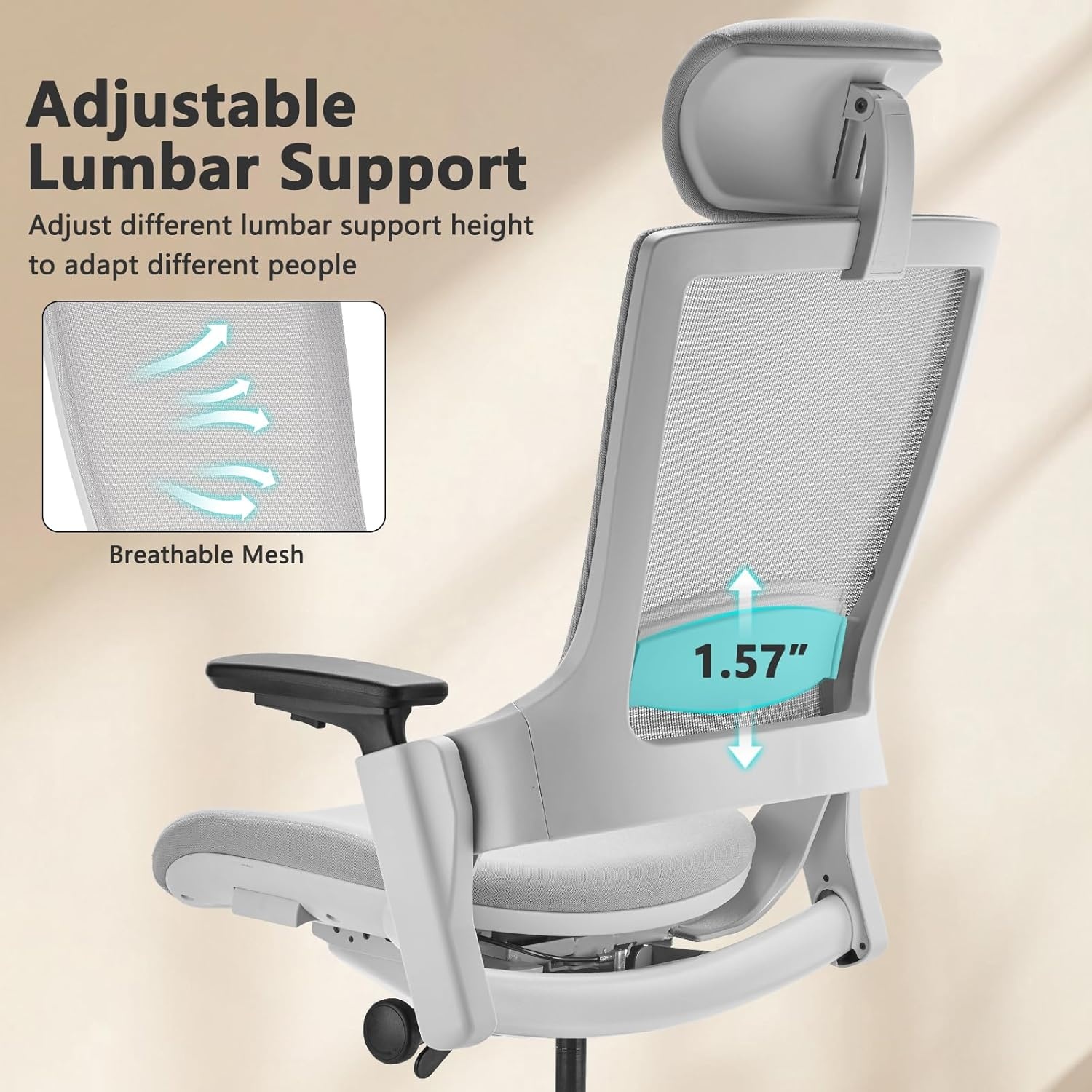 image:imageCLATINA Swivel Executive Computer Chair with 3D Armrest and Lumbar Support Adjustable Ergonomic Fabric Backrest Task Chair for Home Office Conference RoomGreymesh