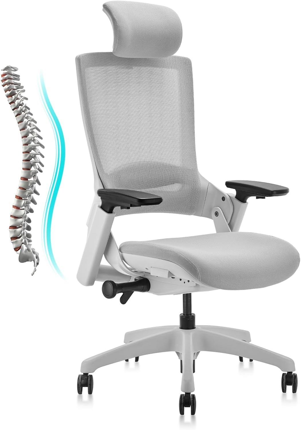 image:imageCLATINA Swivel Executive Computer Chair with 3D Armrest and Lumbar Support Adjustable Ergonomic Fabric Backrest Task Chair for Home Office Conference RoomGreymesh