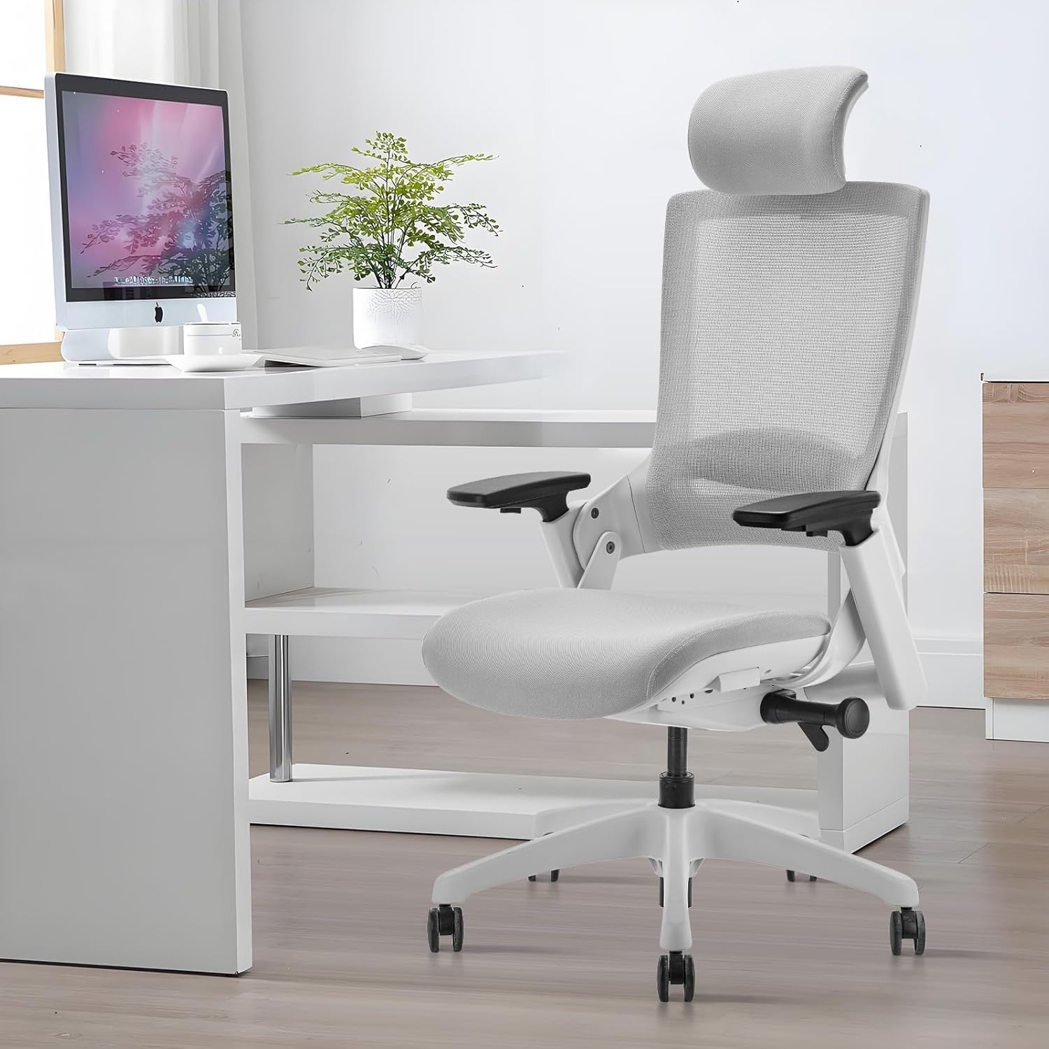 image:imageCLATINA Swivel Executive Computer Chair with 3D Armrest and Lumbar Support Adjustable Ergonomic Fabric Backrest Task Chair for Home Office Conference RoomGreymesh